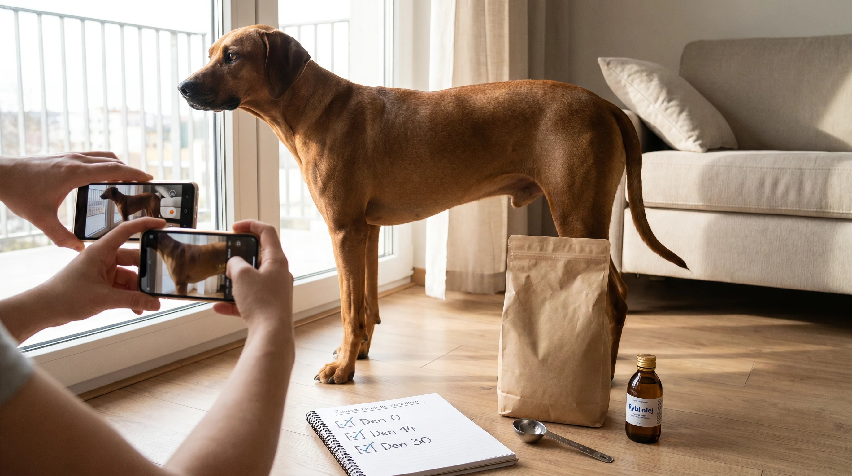 Natural daylight home scene: a medium-sized short-haired dog standing calmly near a window while an owner’s hands (no face visible) take standardized 