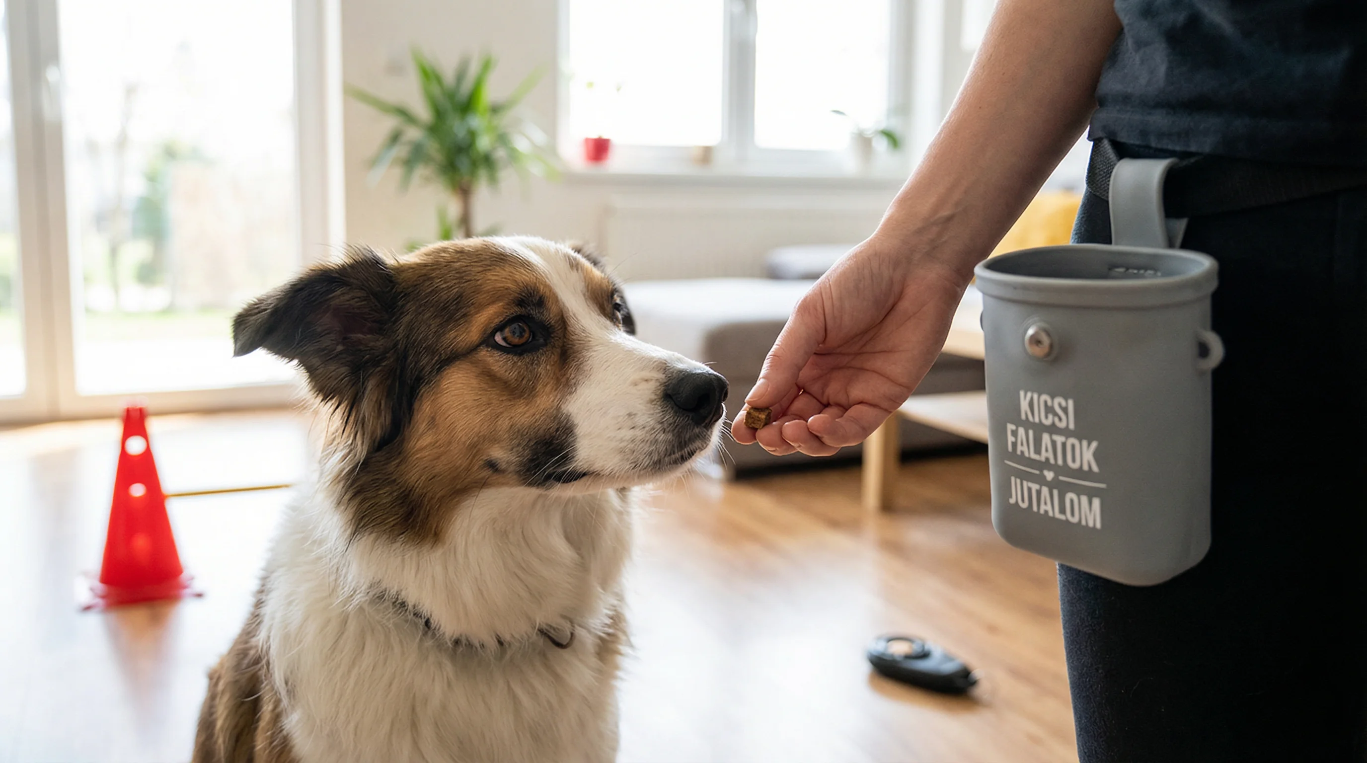 Close-up of a medium-sized dog focused during a high-frequency training session in a bright living room; a trainer’s hand offers tiny 1–2 kcal micro-b