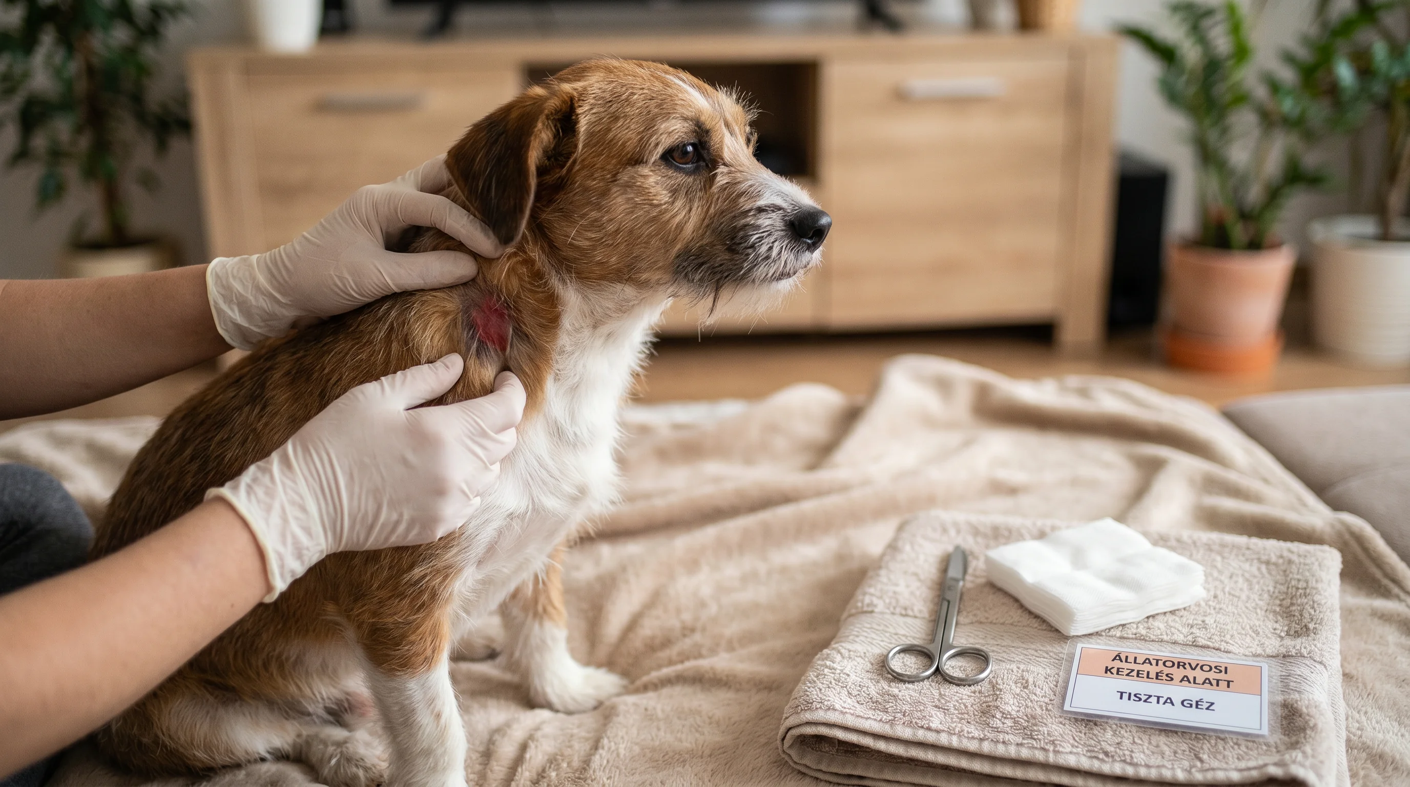 A medium shot of a short‑haired mixed‑breed dog at home with a visible moist, inflamed hotspot on the side of the neck; an owner's hands (no face visi