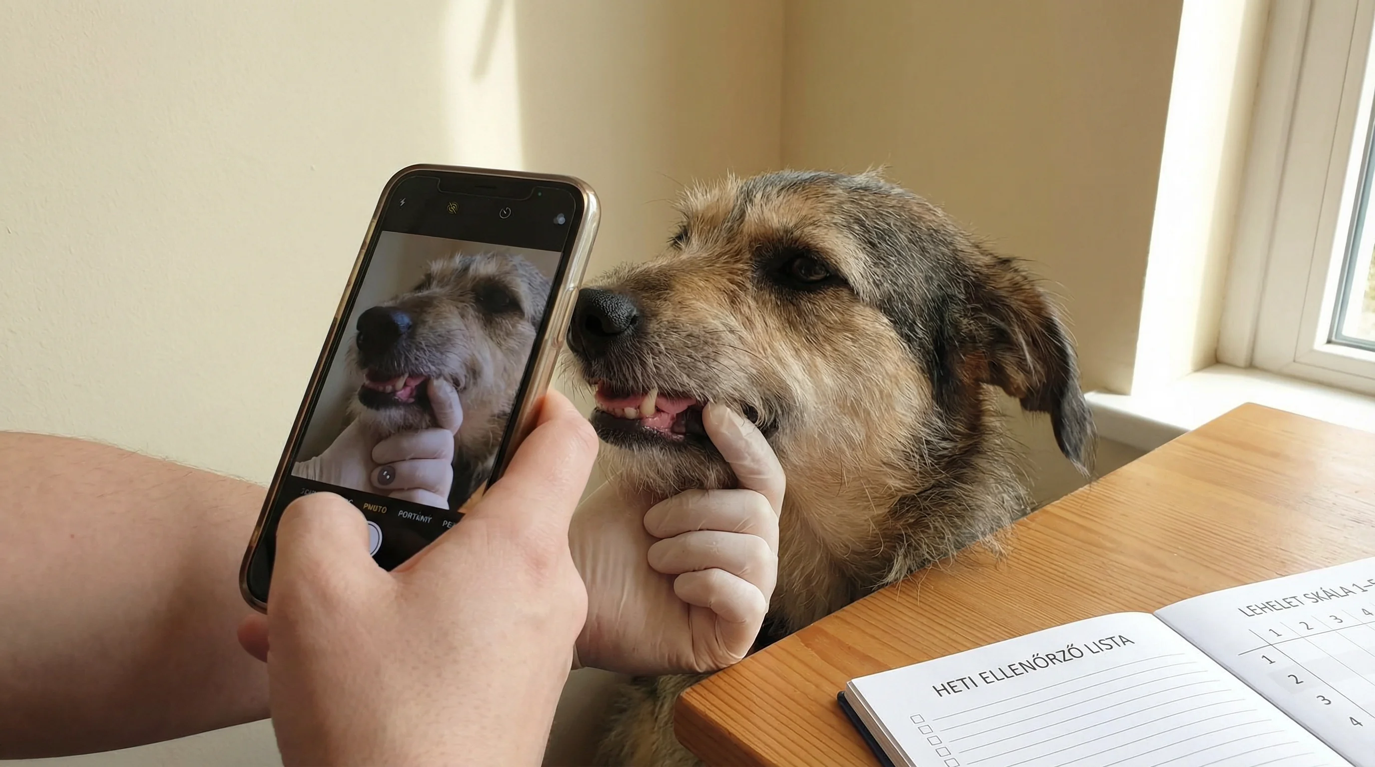 At home near a window, an owner gently photographs a medium-sized mixed-breed dog's gumline with a smartphone using indirect natural light; the dog's 