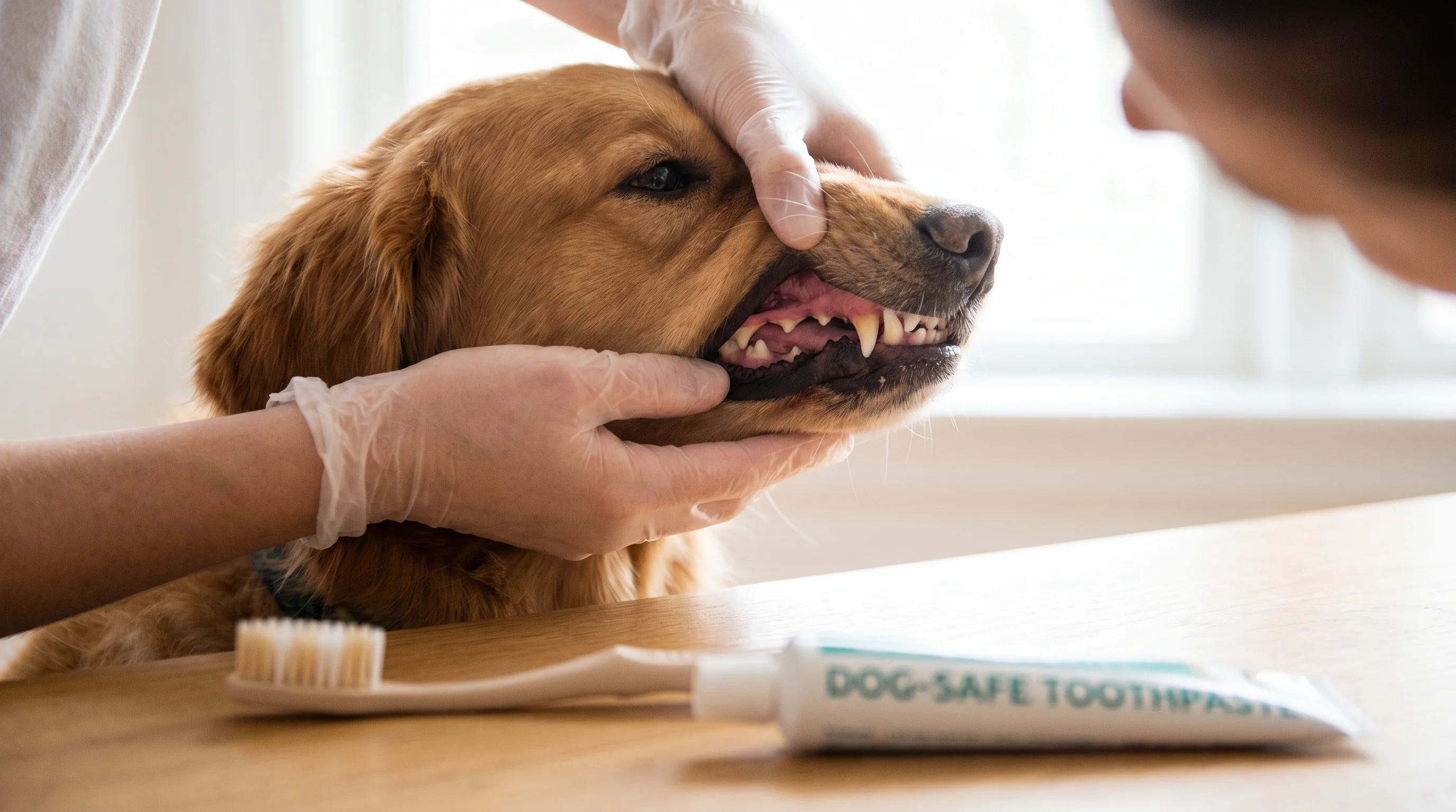 Close-up of an owner gently lifting a medium dog's lip at home to inspect gum color and plaque on the molars; calm indoor natural light; no human face