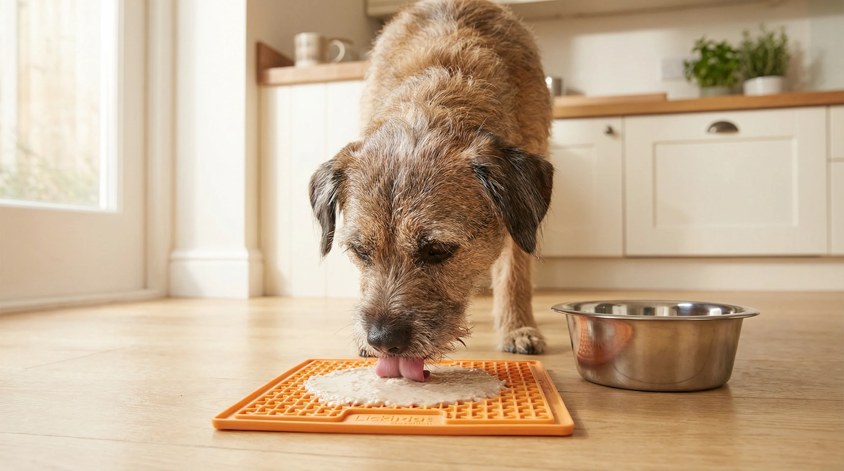 A calm medium-sized mixed-breed dog licking a thin layer of easily digestible wet food from an orange LickiMat on the kitchen floor; stainless steel w