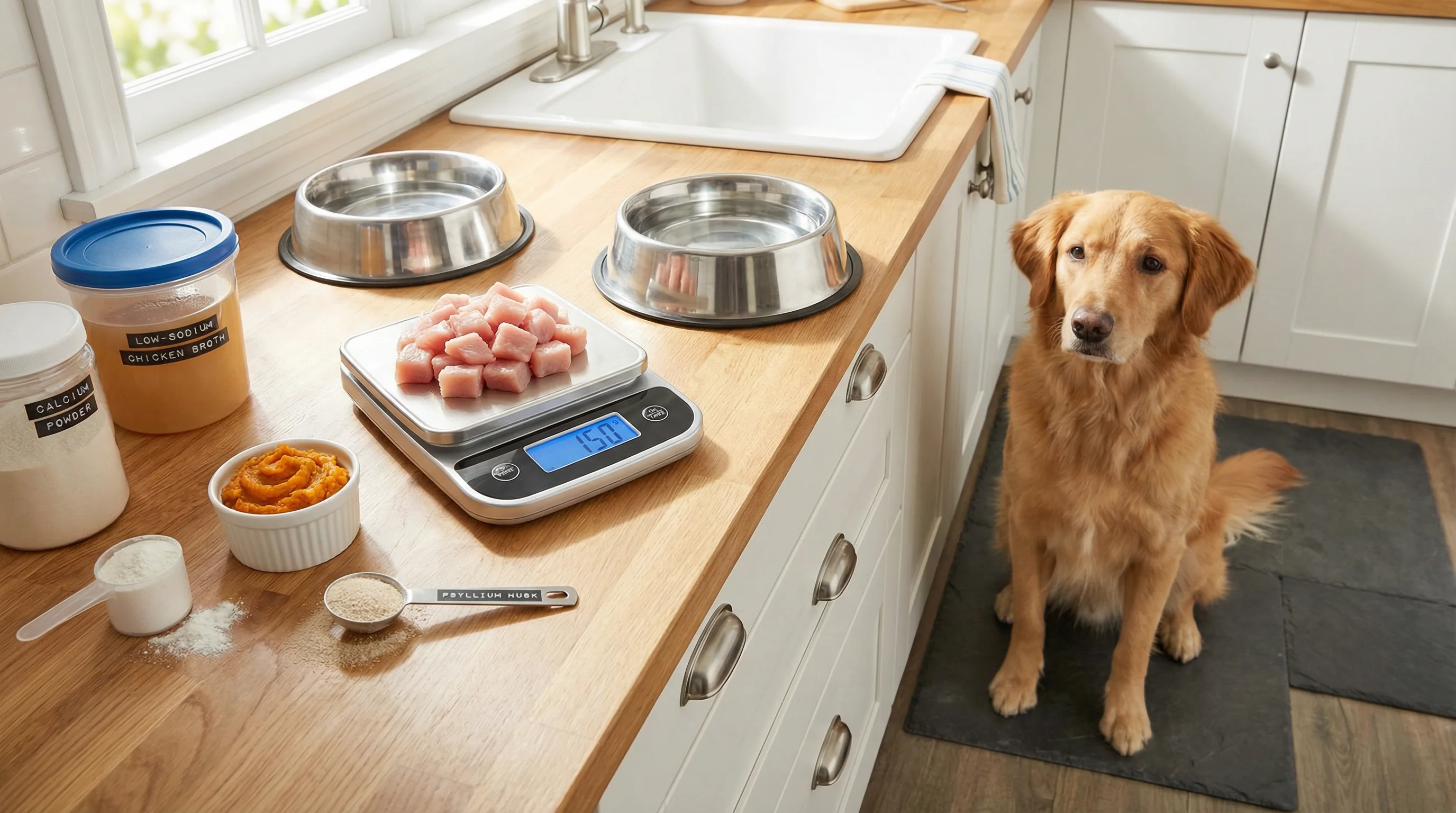 A bright home kitchen scene with a medium-sized dog waiting calmly beside a stainless-steel bowl (no humans visible). On the counter: a digital scale 