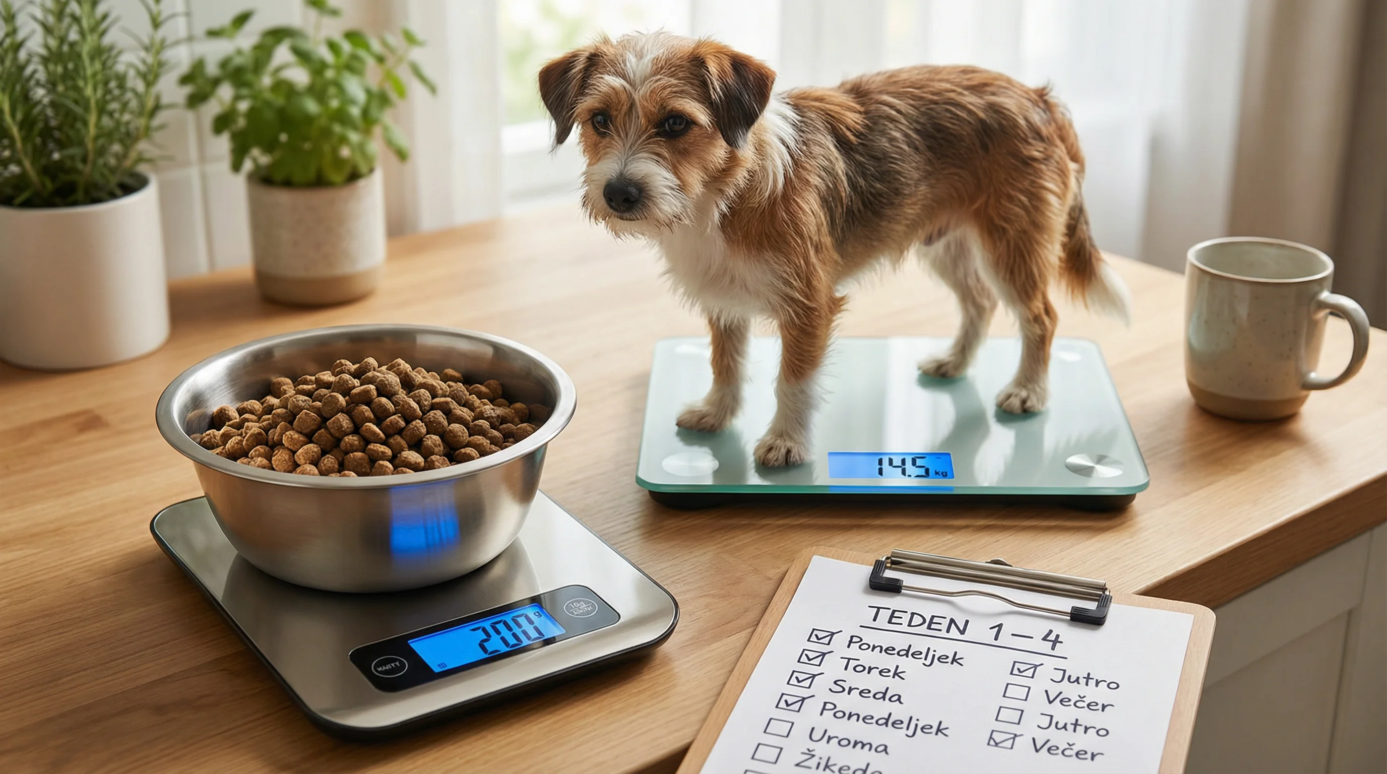 A medium-sized mixed-breed dog standing calmly on a digital pet scale at home; in the foreground, a kitchen scale weighing dry kibble in a stainless b
