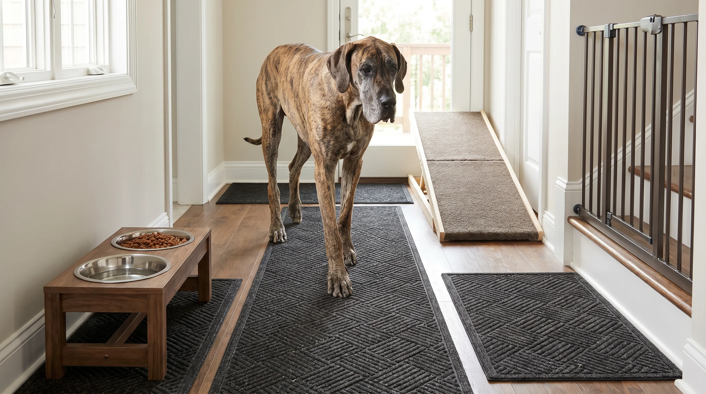 A large-breed dog (Great Dane) moving calmly along a hallway with long non-slip floor runners; elevated food and water bowls set at elbow height; a st