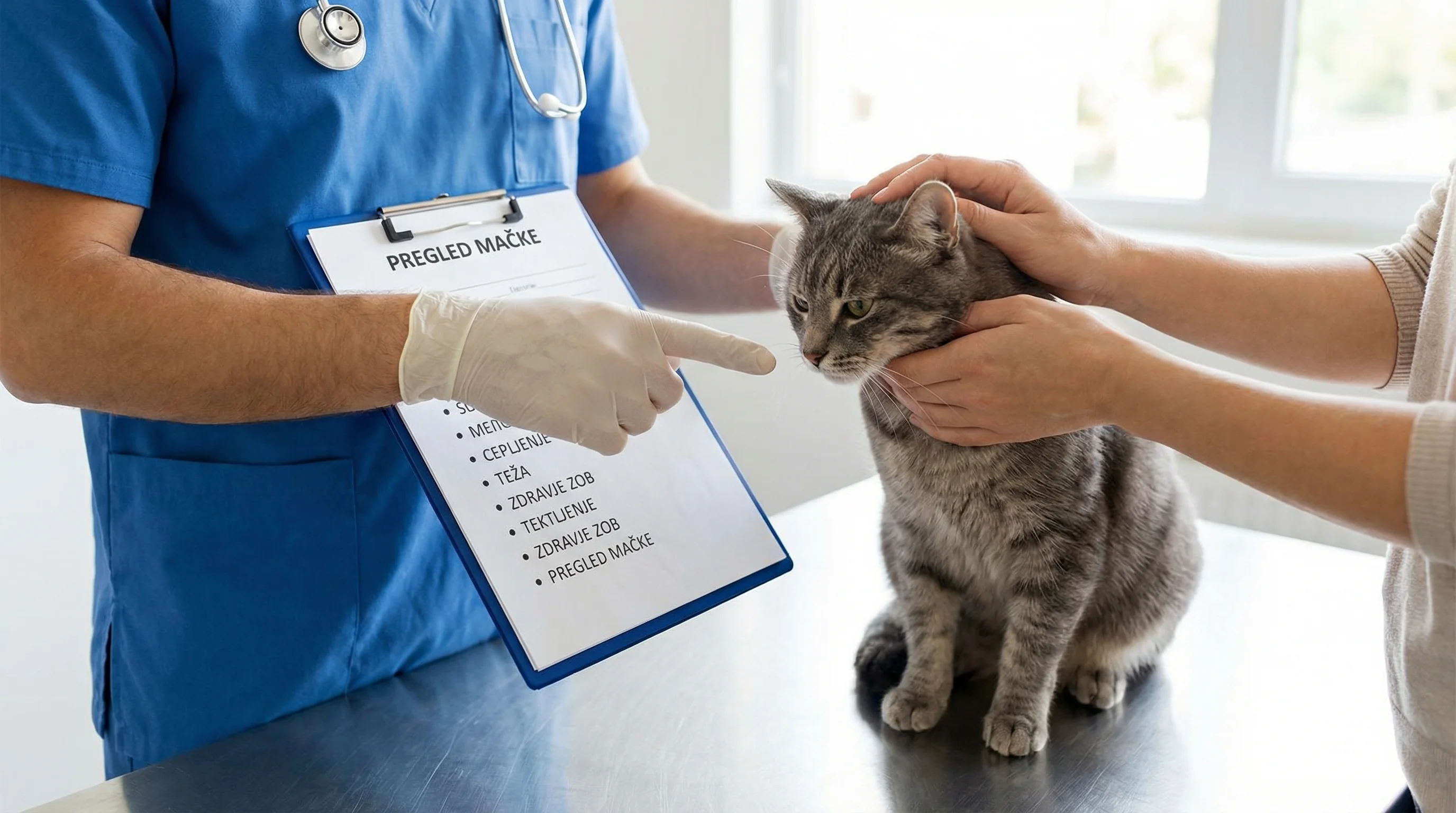 Close-up, no human faces: a veterinarian and a cat owner in a bright, modern exam room. A calm domestic shorthair cat sits on a stainless exam table w