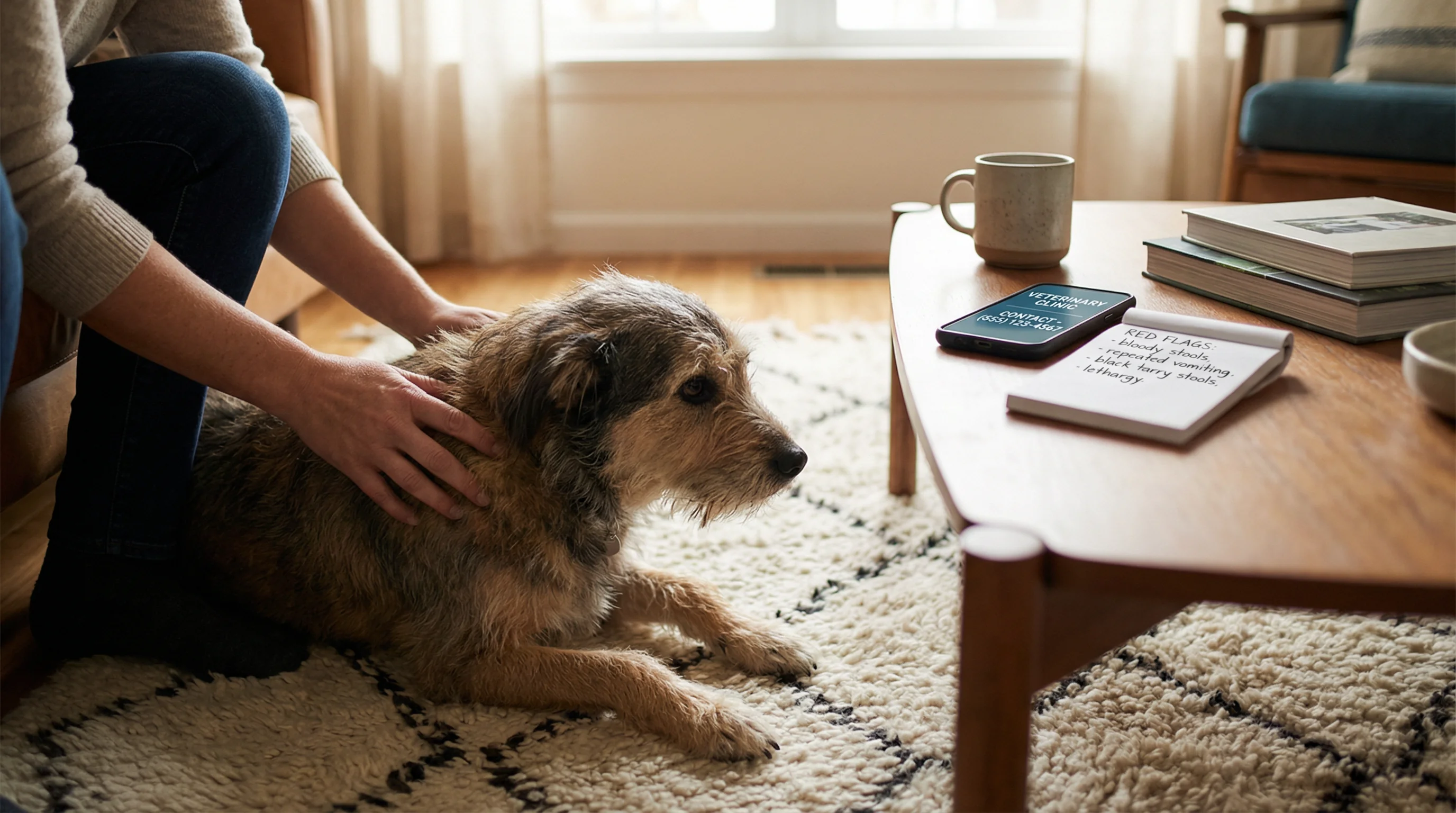 Hands-only owner kneeling beside a medium-sized mixed-breed dog on a cozy living room rug, gently comforting the dog while a smartphone on the coffee