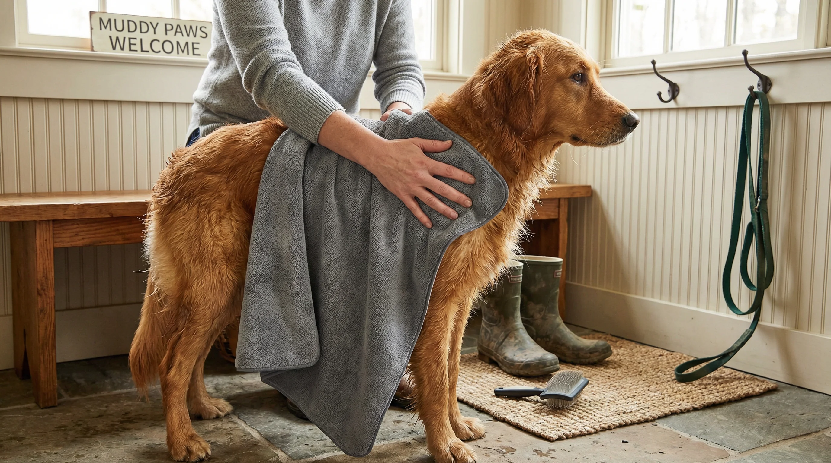 Home mudroom scene with natural light: a medium-sized dog being thoroughly towel-dried to the skin after a rainy walk. Close-up on hands and microfibe