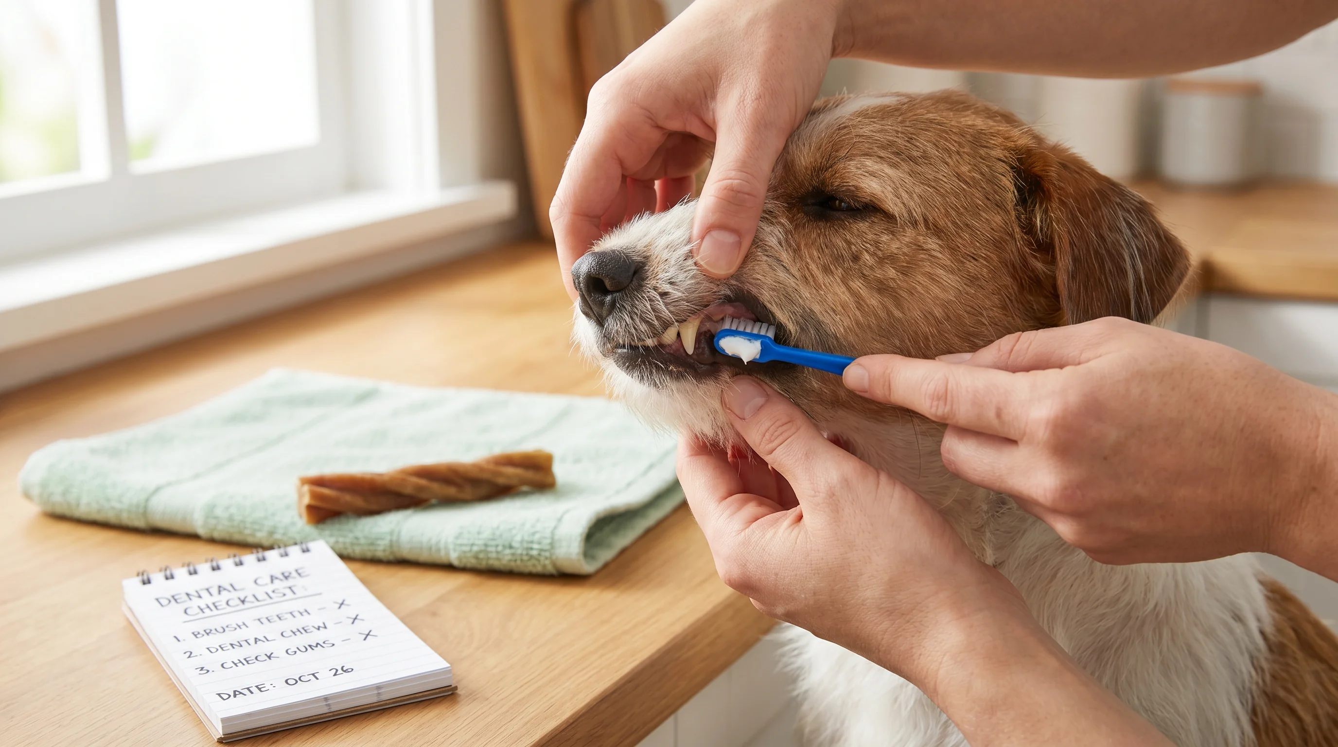 Close-up of a medium-size mixed-breed dog calmly having its teeth brushed with a canine toothbrush and enzymatic toothpaste in a well-lit home kitchen
