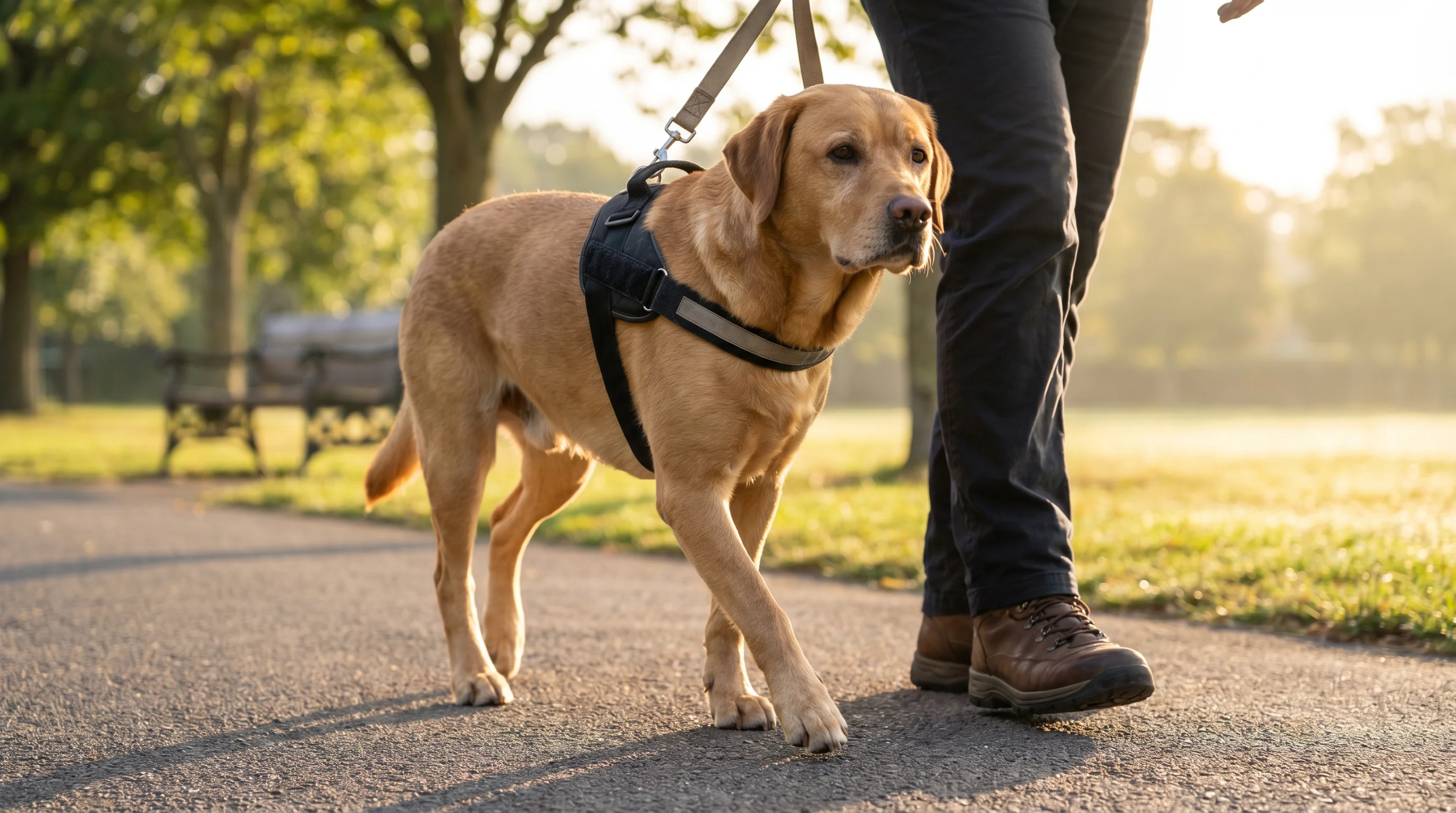 A middle‑aged Labrador on a short leash walking slowly on a flat, non‑slip path in a quiet suburban park at sunrise; wearing a well‑fitted harness; ow
