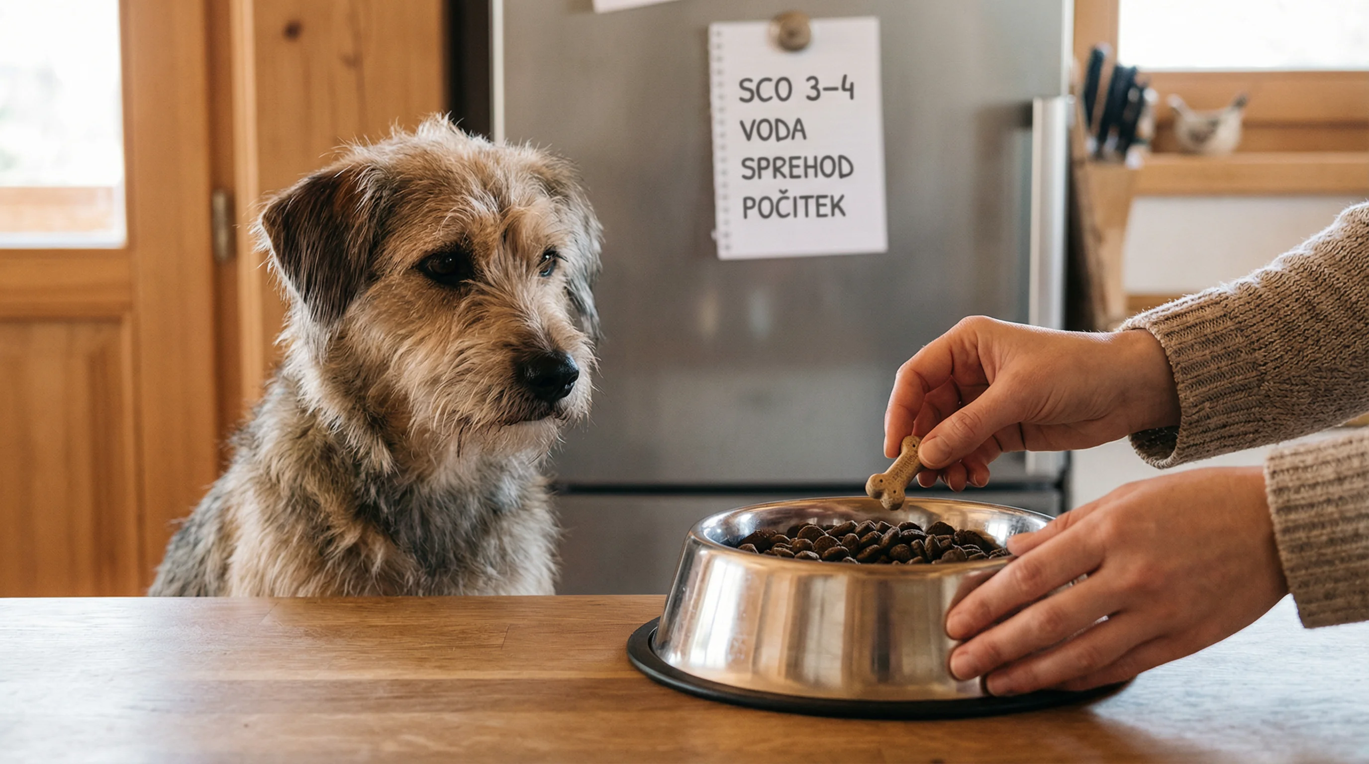 Cozy home kitchen scene with a medium-sized mixed-breed dog sitting calmly beside a stainless-steel food bowl. A person's hands (no face visible) plac