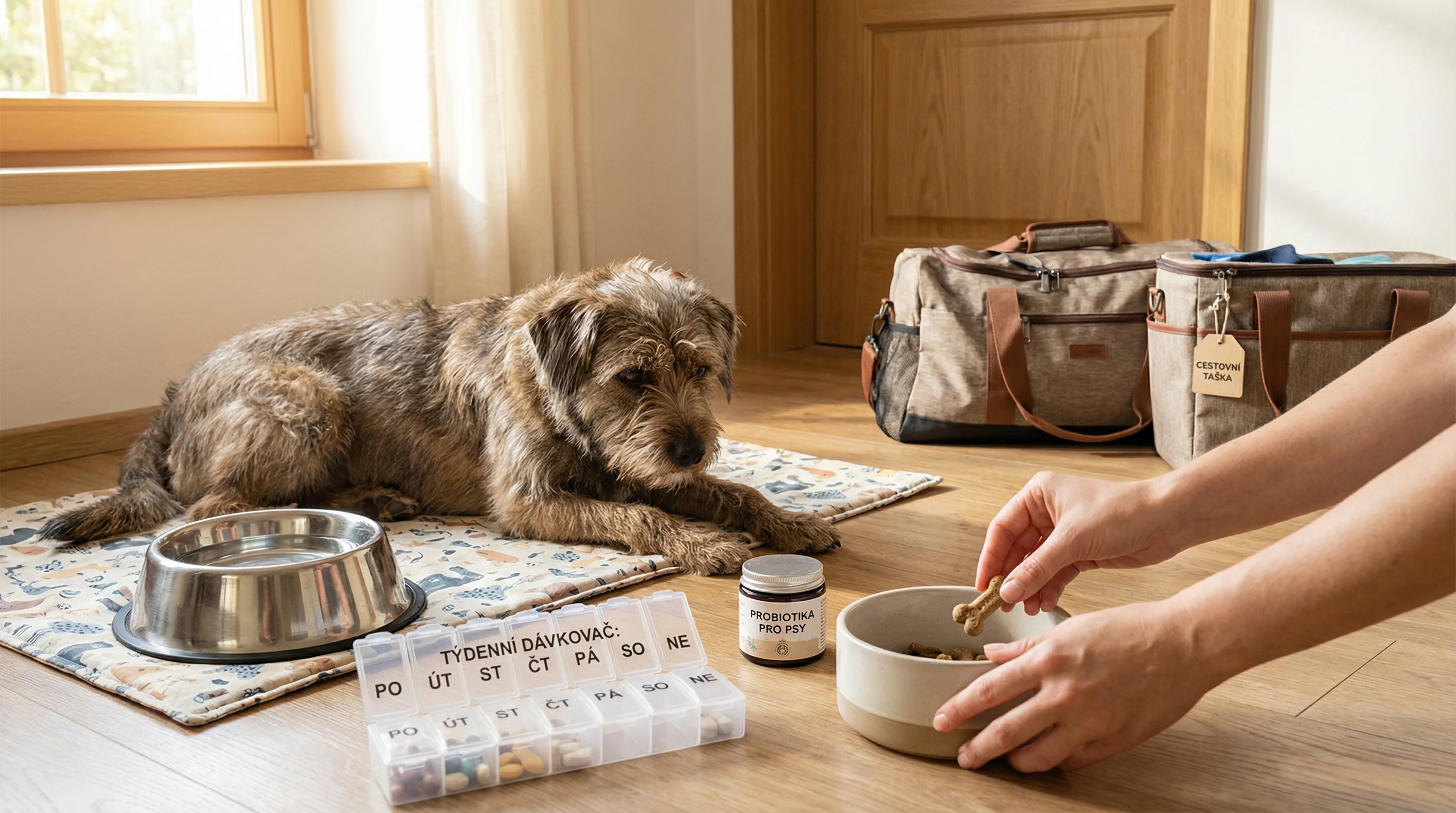 Calm indoor scene: a medium-sized mixed-breed dog resting on a washable mat near a stainless steel water bowl while a person's hands (no face shown) p