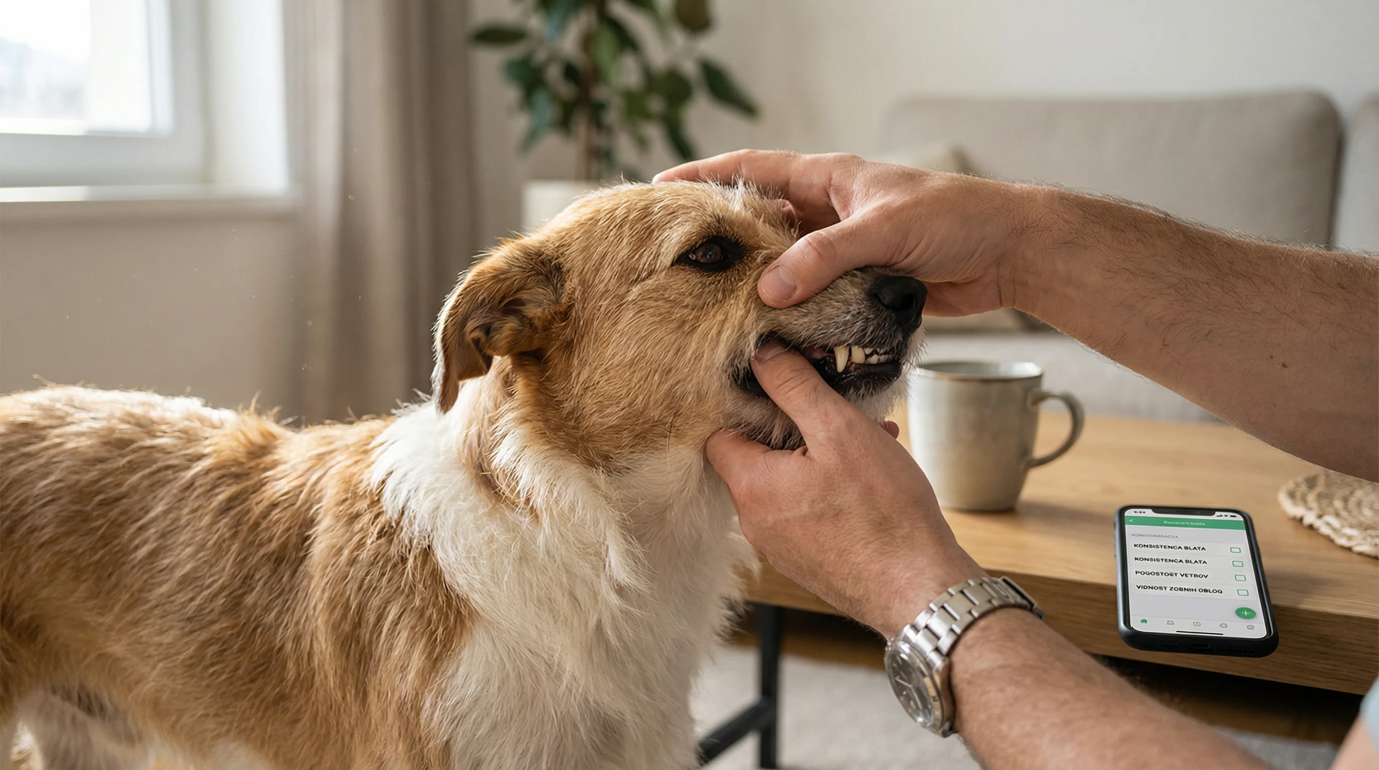 Close-up of a pet owner's hands gently lifting a medium-sized mixed-breed dog's lip to check its teeth near a bright window; a smartphone on the table