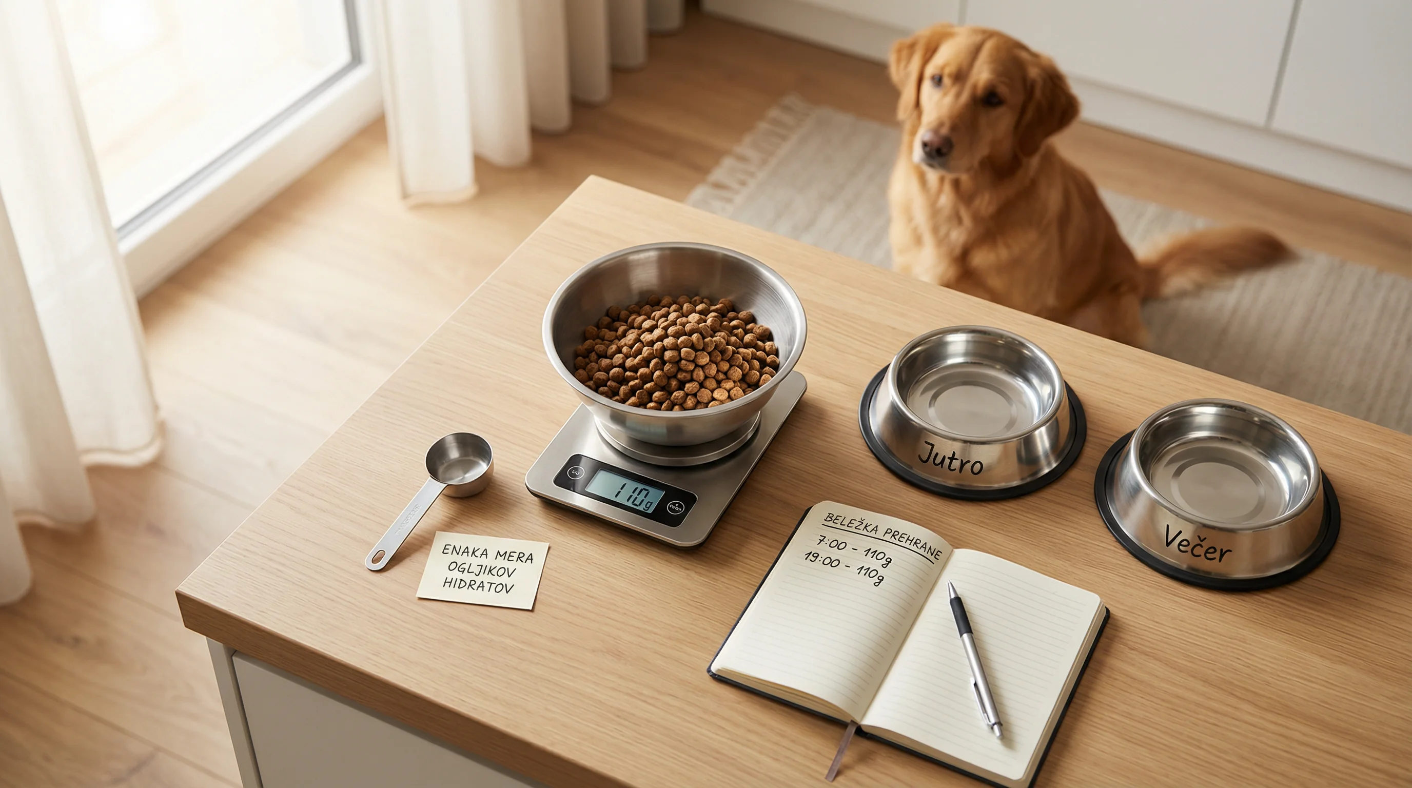 Top-down view of a clean kitchen counter with a digital kitchen scale weighing dry dog kibble; two identical stainless steel dog bowls prepared for mo
