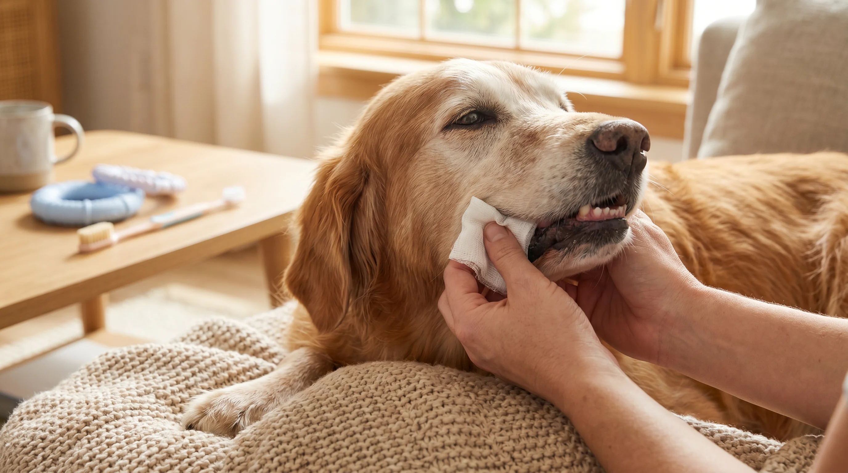 Calm senior dog with a grey muzzle lying on a soft blanket while an owner's hands gently wipe the dog’s teeth and gums with gauze; no human faces visi