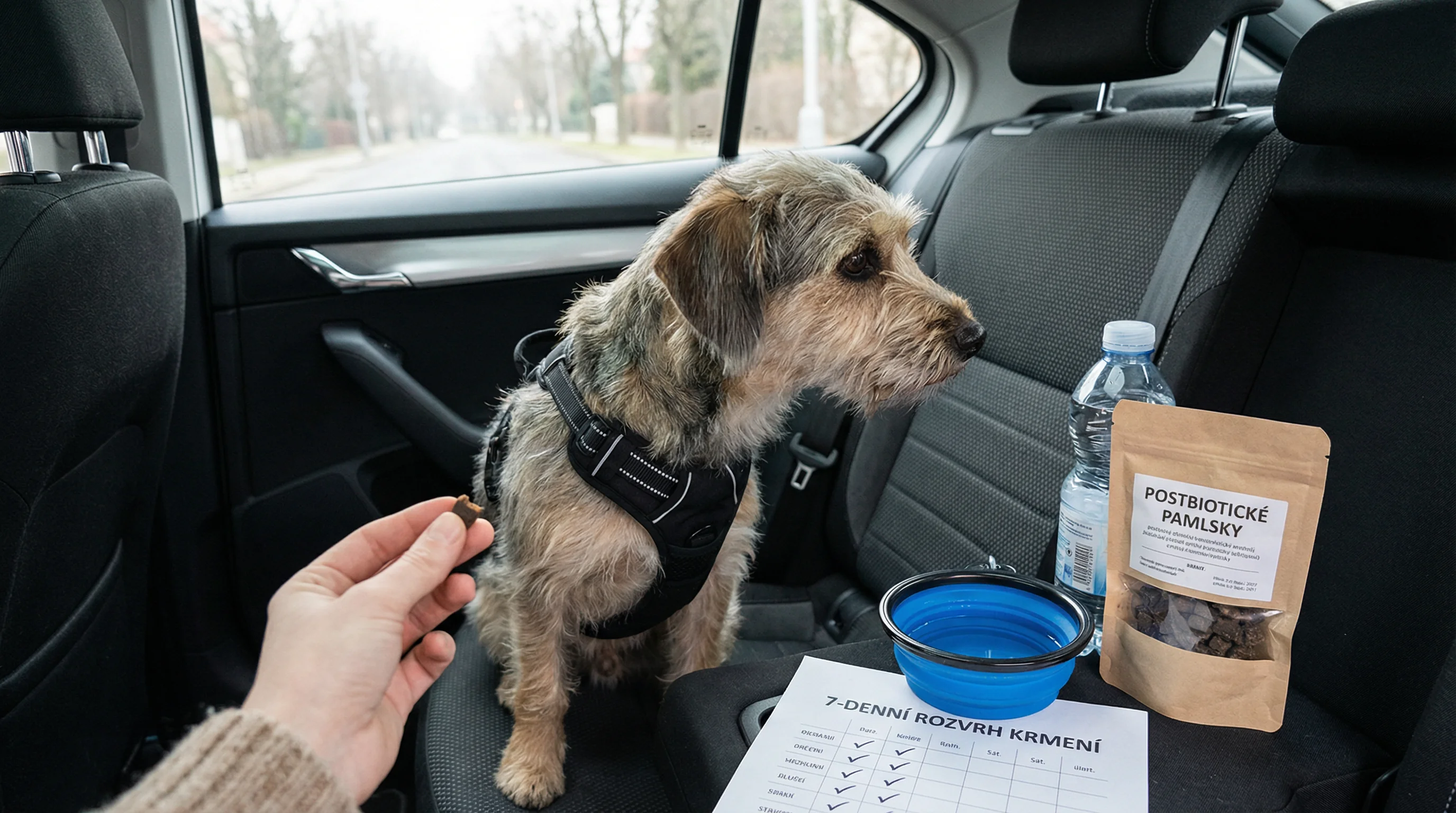 A small mixed-breed dog wearing a car safety harness sits calmly in the back seat of a parked car. On the seat: a collapsible travel water bowl filled