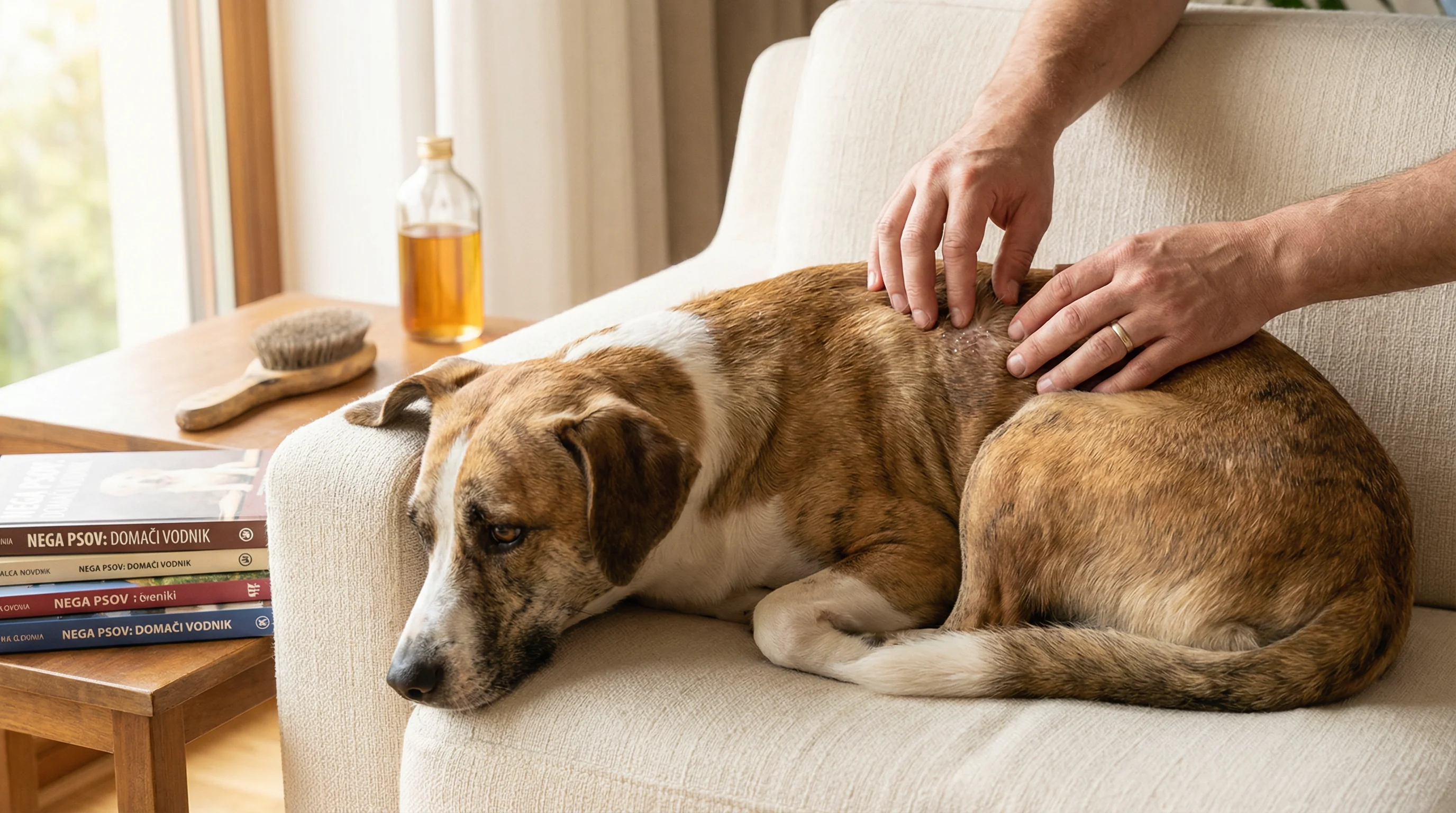 Cozy home scene: a short‑haired mixed‑breed dog sitting on a light-colored sofa while a pair of human hands gently parts the fur along the back to rev