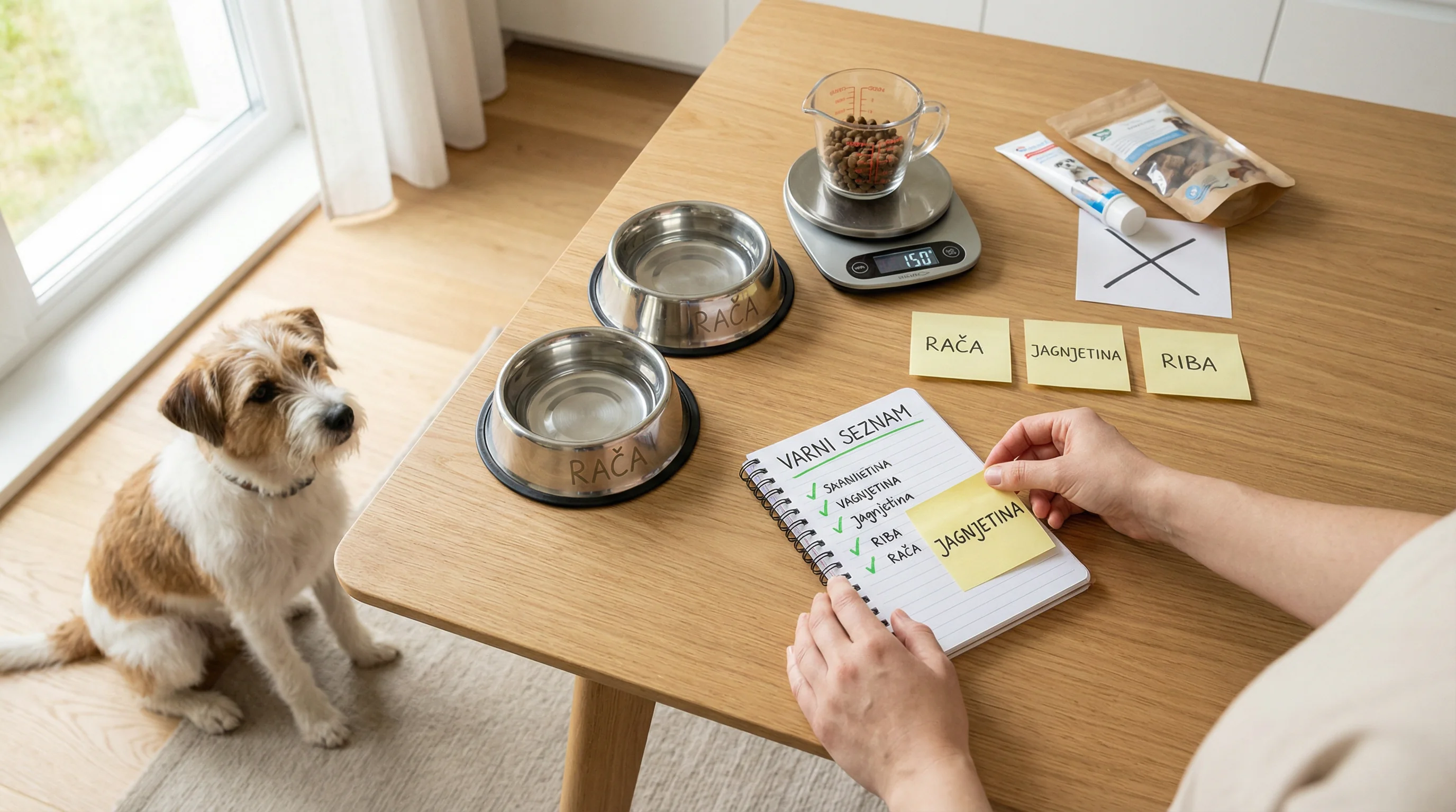 A bright, modern kitchen table with a neatly organized elimination diet setup: two stainless steel pet bowls labeled 'raca' and 'riž', a spiral notebo