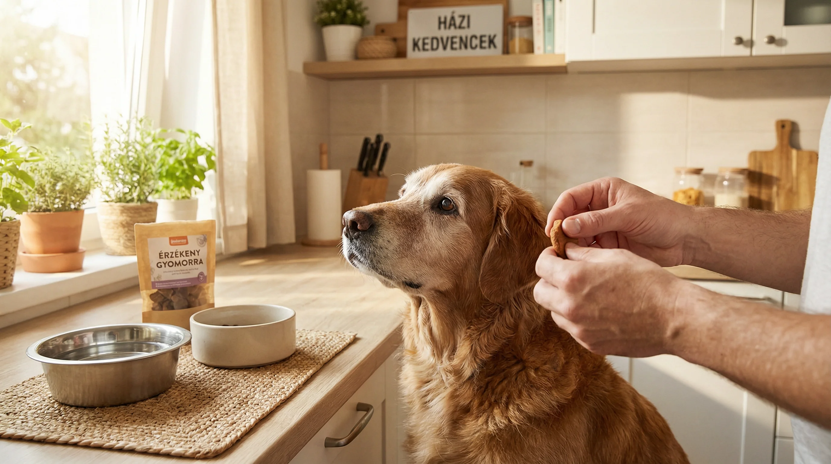 Senior medium-sized dog with a graying muzzle calmly accepting a small, soft functional treat from the owner's hands in a cozy home kitchen; stainless