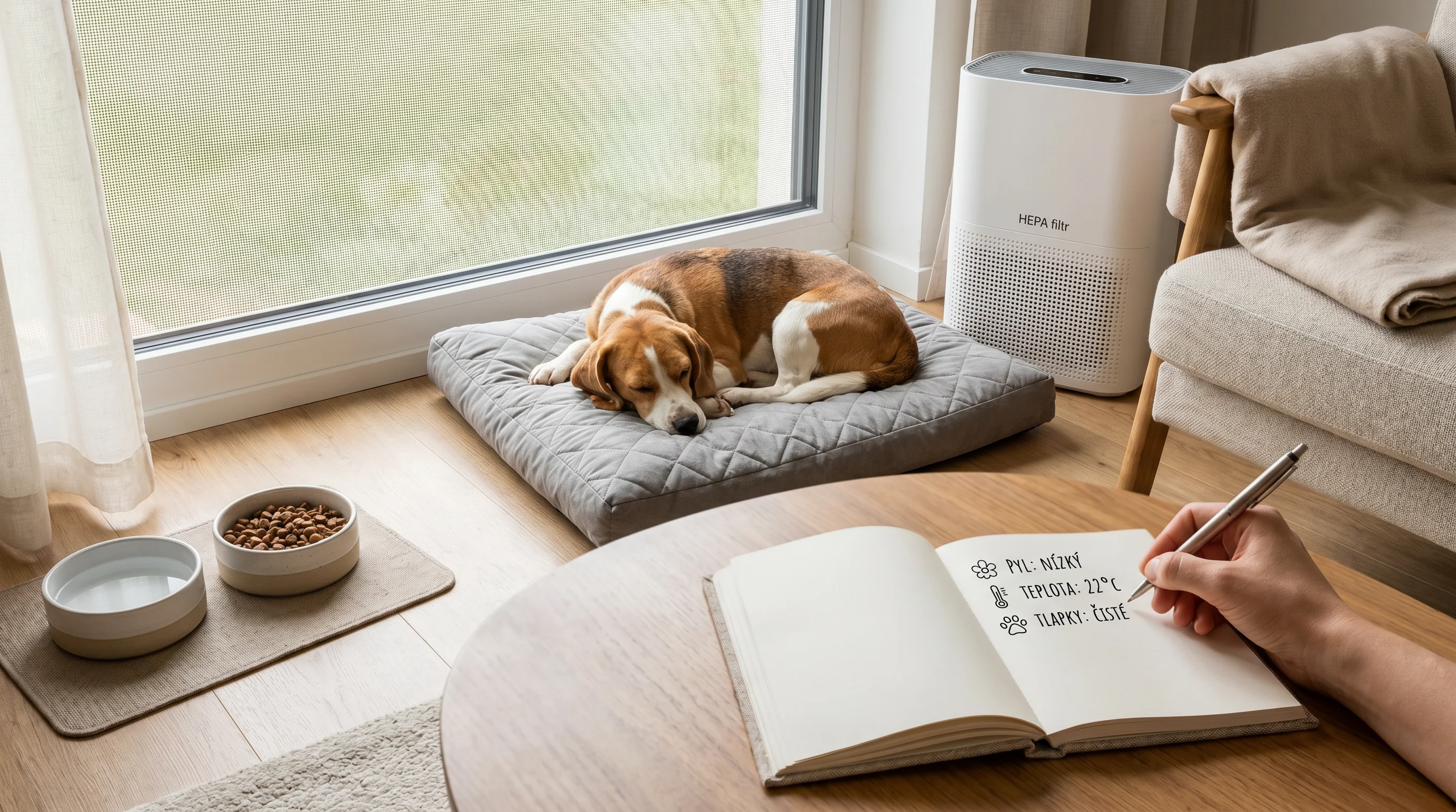 Cozy home scene: a medium-sized short-haired dog resting on a washable dog bed near a window with a visible pollen screen and an air purifier labeled 