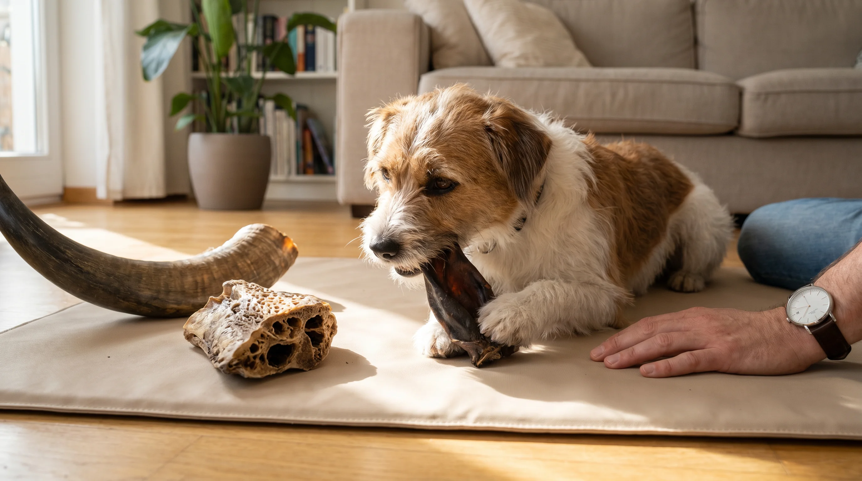 Medium-sized mixed-breed dog on a washable mat calmly chewing a dried buffalo ear; a large buffalo horn and an airy buffalo lung piece placed nearby f