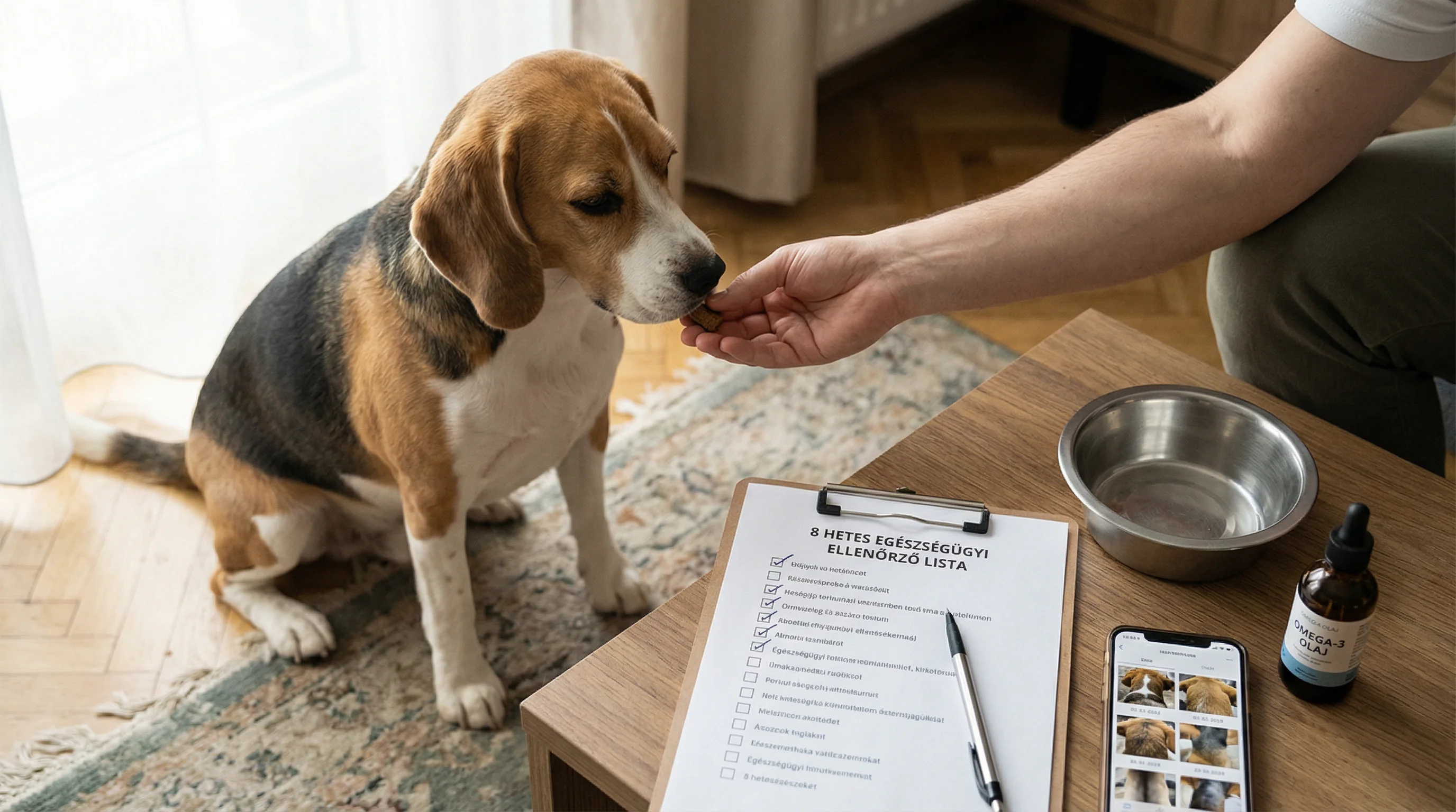 Natural-light indoor scene of a medium-sized beagle calmly receiving a small functional dog treat from a person’s hand (no face visible). On a nearby 