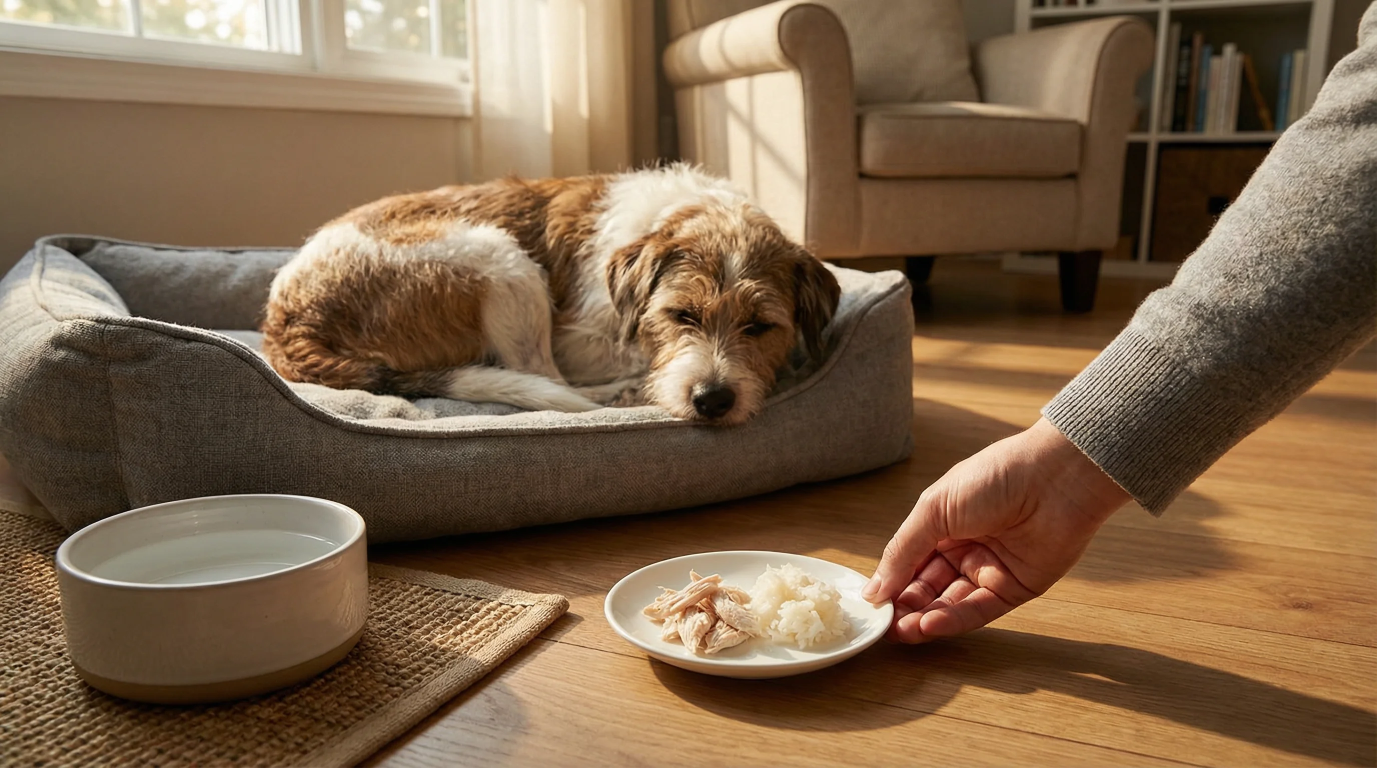 A calm medium-sized mixed-breed dog resting on a soft dog bed beside a fresh water bowl in a quiet, tidy living room. Late-afternoon natural light. In