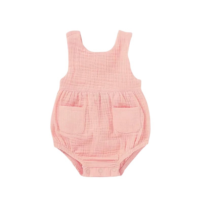 Super Cute Snap Crotch Muslin Suspenders Baby Girls Romper Organic Cotton