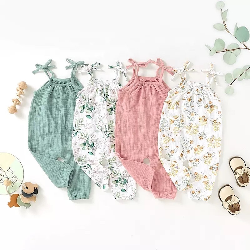 6M-24M Organic Cotton Muslin Baby Tie Print Lace up Jumpsuit