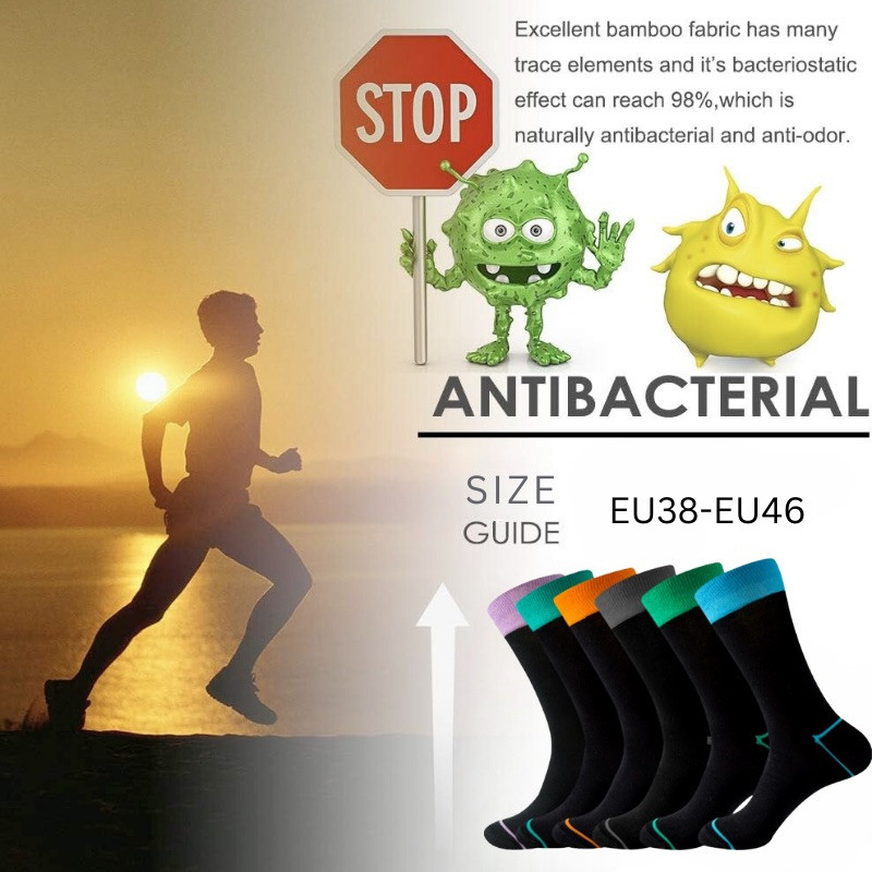 Unisex EU 38-46 Anti-Odor Black Socks Colorful Cuffs Premium Bamboo Crew Socks Super Soft 6 Pairs