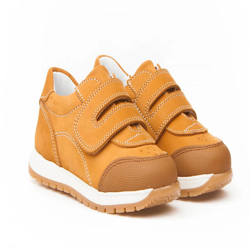 Made in Spain EU23-EU28 Sports School boys Nubuck Leather Single Strap Reinforced PVC Toe protector velcro closure Non Slip Rubber Sole Camel 