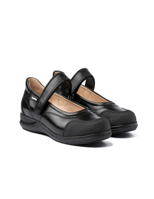 Made in Spain Girls EU23-EU35 School Shoes Napa Leather Ballerina reinforced PVC Toe Velcro closure Non Slip Rubber Black