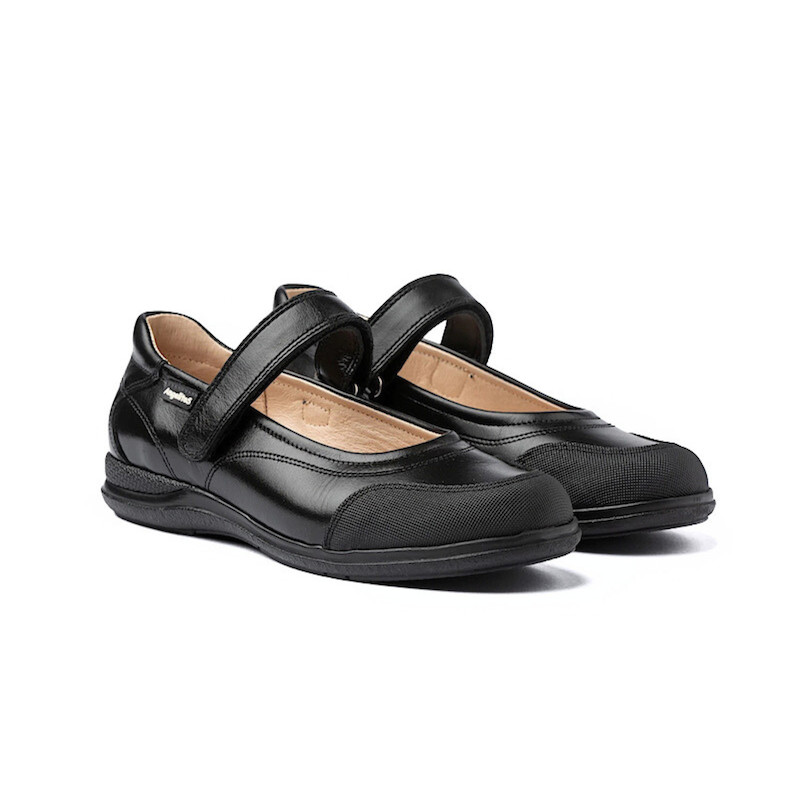 Made in Spain Girls EU23-EU35 School Shoes Napa Leather Ballerina reinforced PVC Toe Velcro closure Non Slip Rubber Black