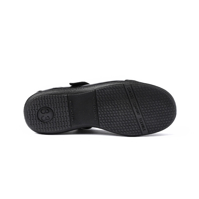 Made in Spain Girls EU23-EU35 School Shoes Napa Leather Ballerina reinforced PVC Toe Velcro closure Non Slip Rubber Black