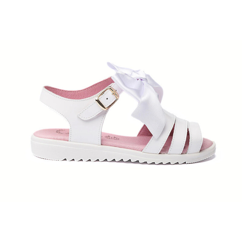 Made in Spain Girls EU24-EU29 Leather Bow Sandals soft and flexible Non Slip Rubber White 