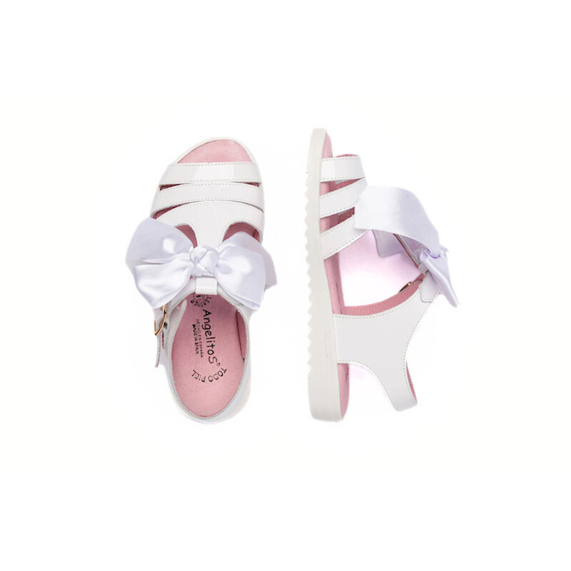 Made in Spain Girls EU24-EU29 Leather Bow Sandals soft and flexible Non Slip Rubber White 