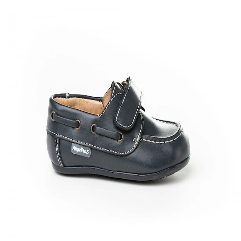 Made in Spain School EU23-EU29 Napa Leather Nautical Boat Shoes Single Strap Velcro non Slip Rubber Marino 