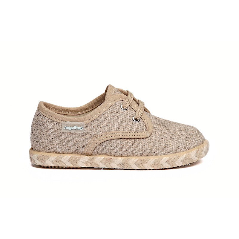 Made in Spain EU29-EU34 Linen Canvas Shoes Lace Closure Non Slip Rubber Light Brown 