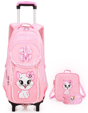 Children Large-capacity Trolley Schoolbag Pink Cat Design 