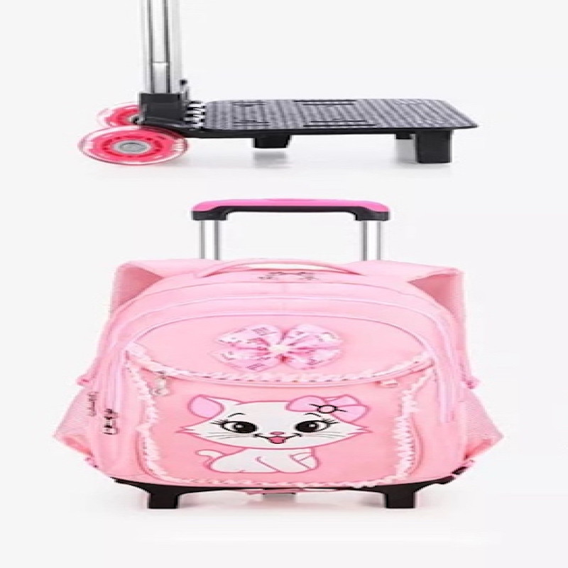 Children Large-capacity Trolley Schoolbag Pink Cat Design 