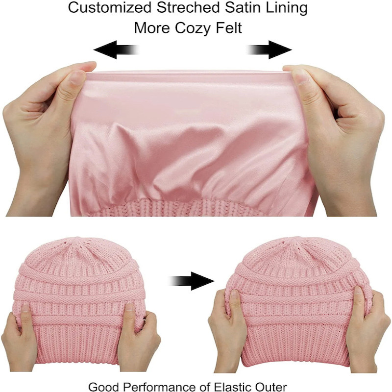 Womens Winter Warm Knitted Hat Satin Silk Lined Cable Knit Beanie Chunky Slouchy