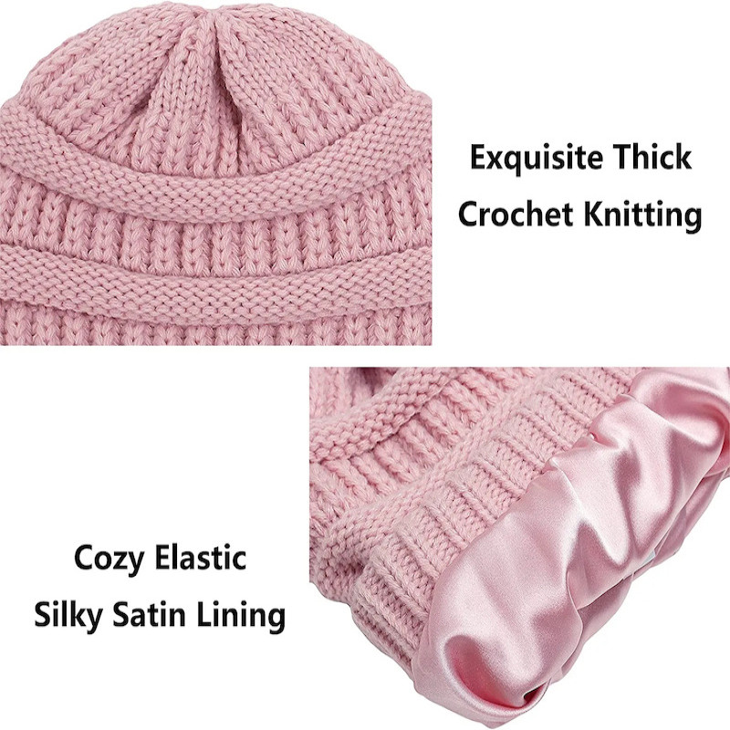 Womens Winter Warm Knitted Hat Satin Silk Lined Cable Knit Beanie Chunky Slouchy