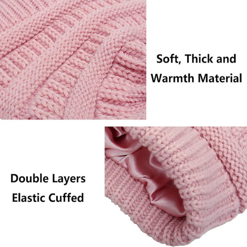 Womens Winter Warm Knitted Hat Satin Silk Lined Cable Knit Beanie Chunky Slouchy