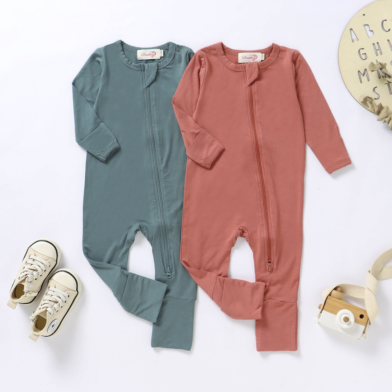 Summer 0-24M Bamboo Fabric Long Sleeve Double Way Zipper Infant Bodysuit Baby Rompers