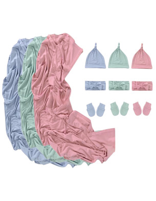 Newborn 0-6M, Gift Set Soft Rayon Swaddle Blanket, Cap, Mittens, Headband