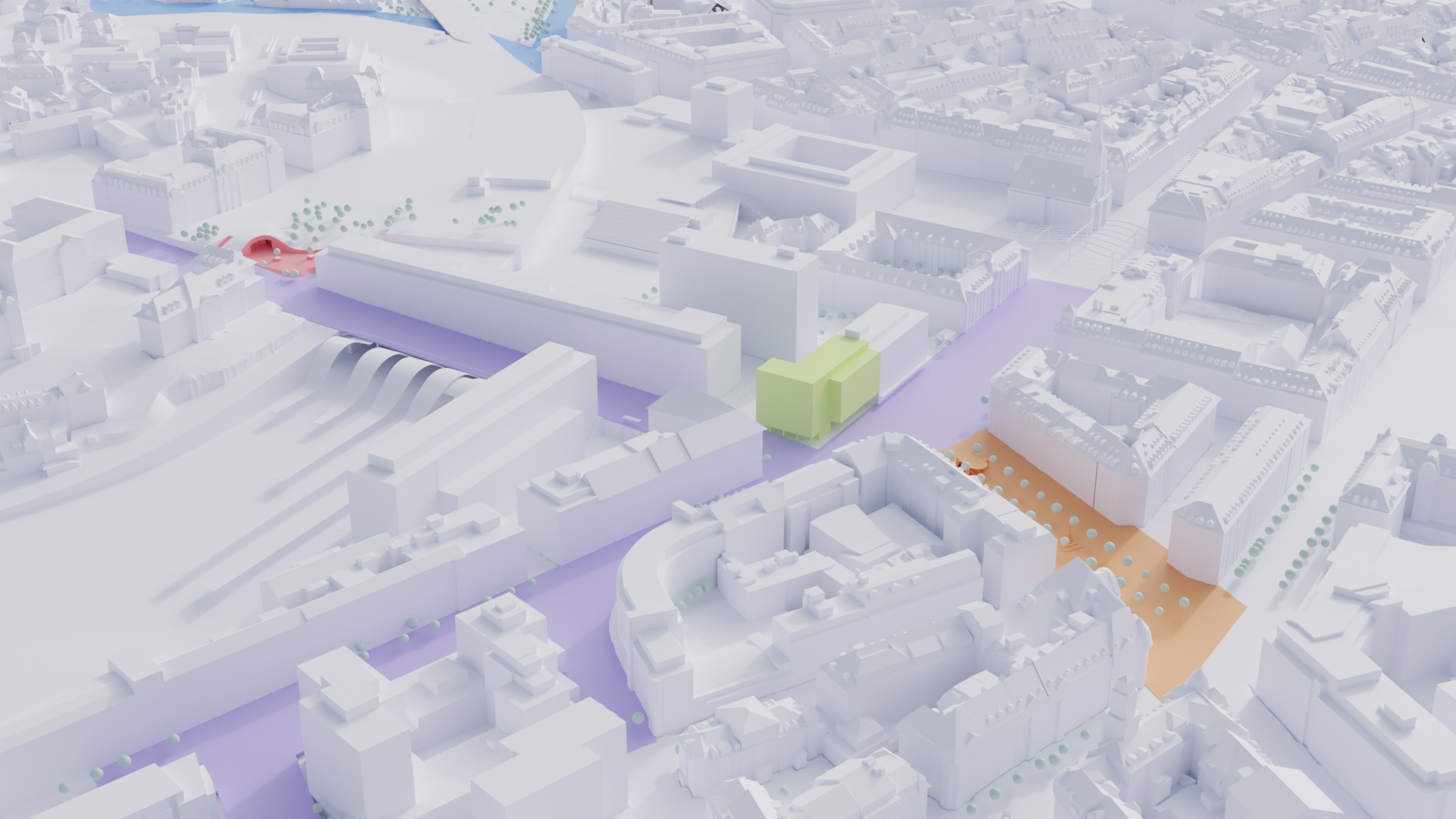 3D-Modell der Umgebung des Bahnhof Berns mit farblicher Markierung der Bauprojekte.