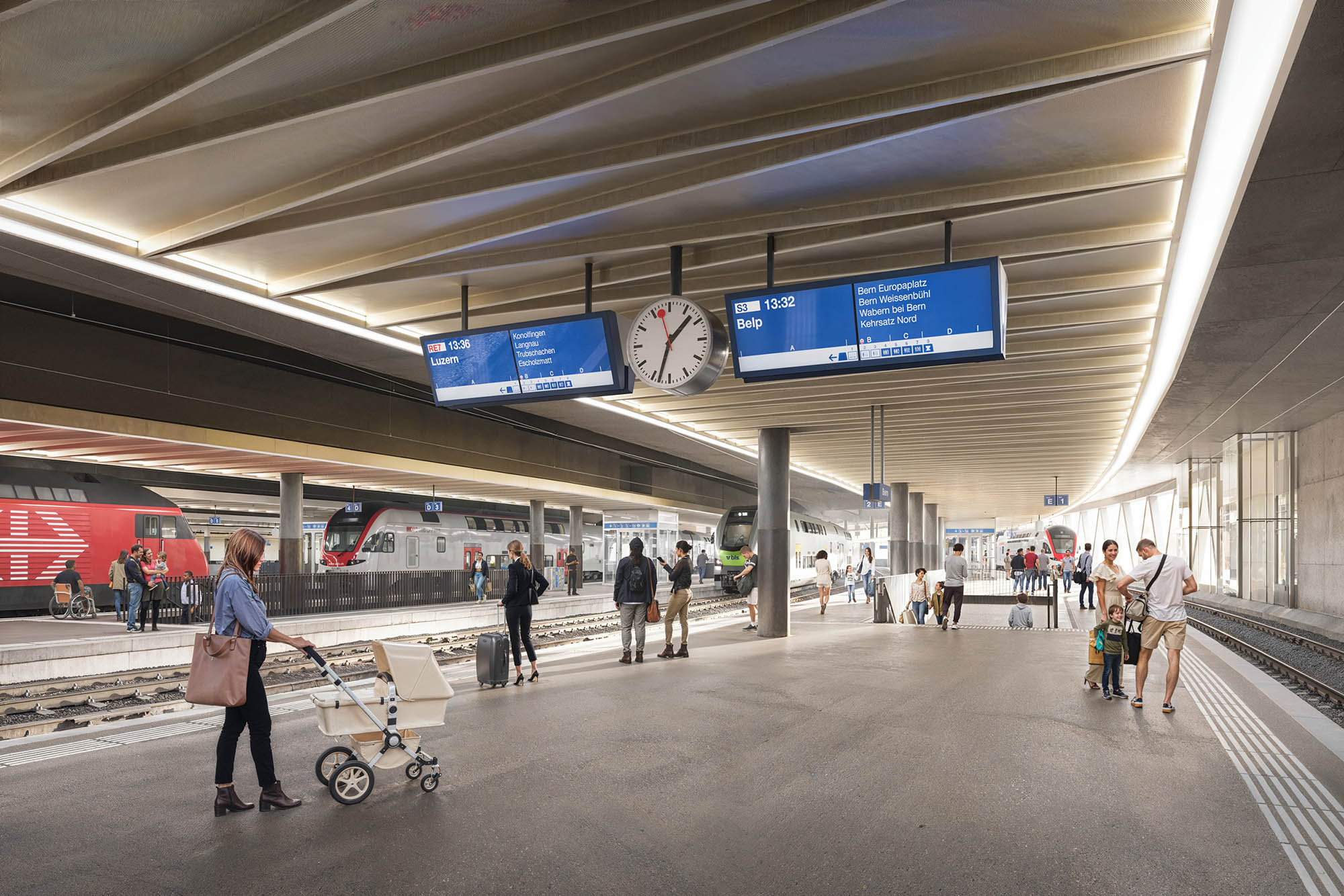 Visualisierung der neuen Perronhalle im Bahnhof Bern mit Lichtdurchbruch und Deckensegel