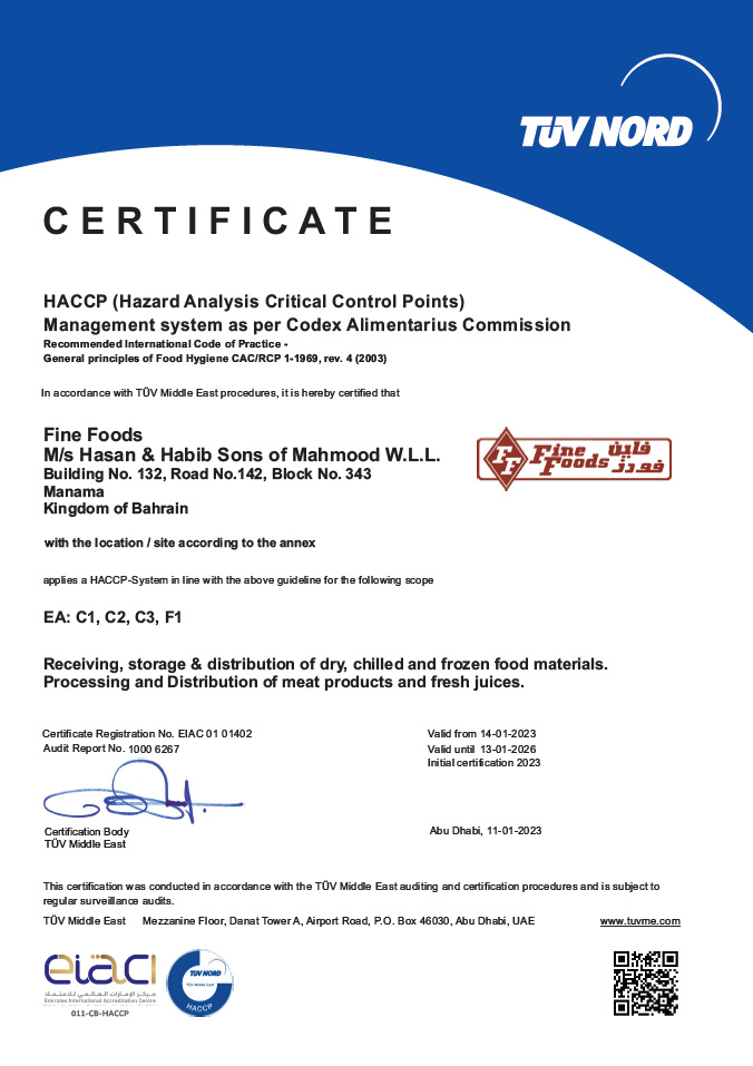 Fine Foods : HACCP (Hazard Analysis Critical Control Points) Management system as per Codex Alimentarius Commission