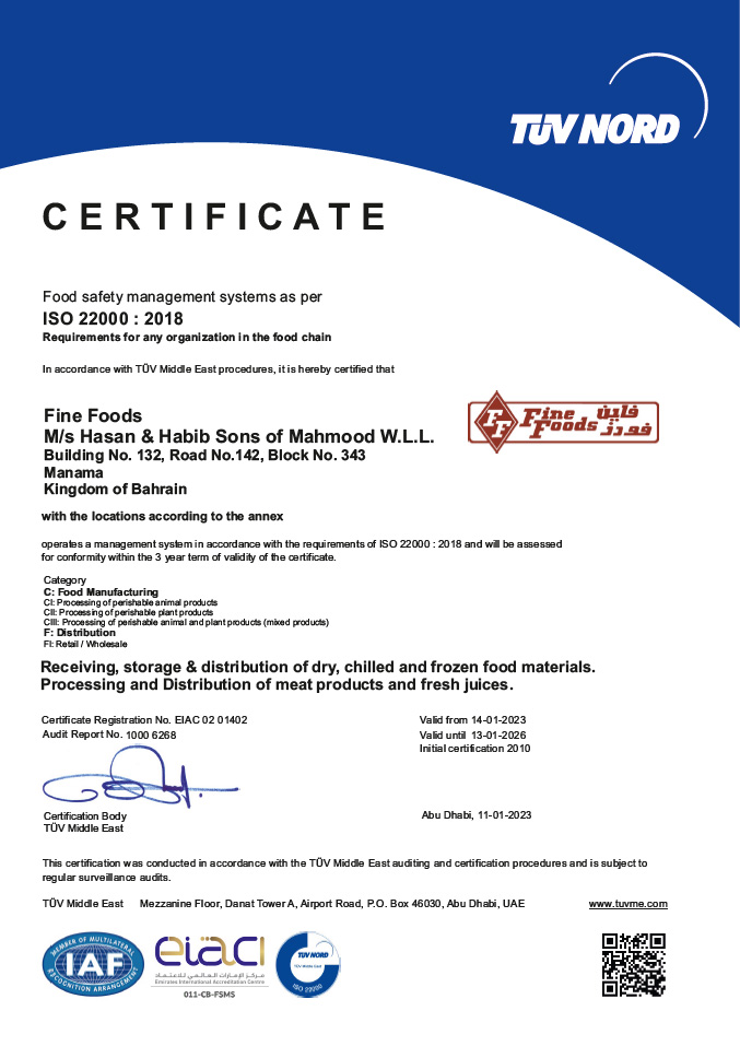ISO 22000:2018 Certified for Food Safety