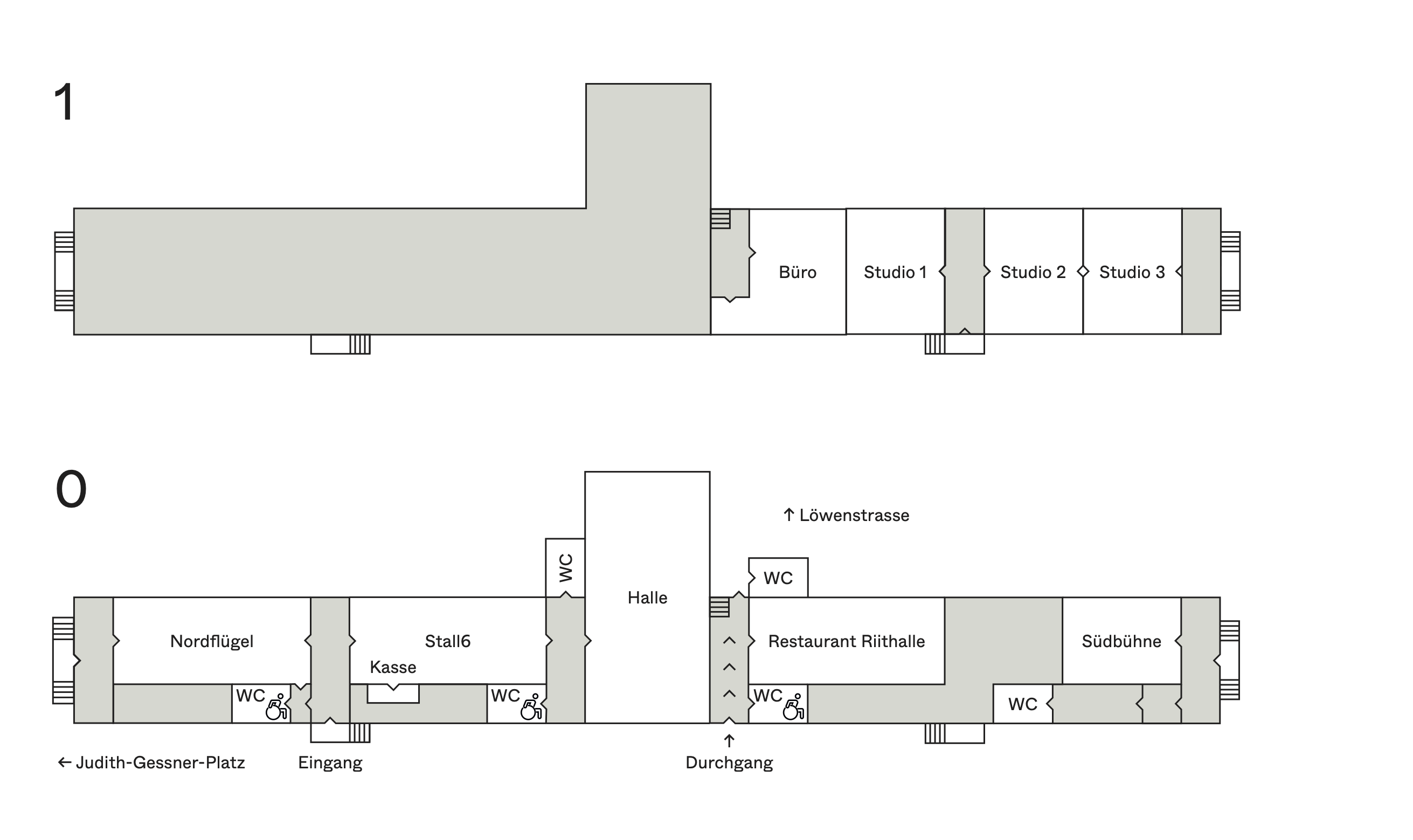Grundriss der Gessnerallee: Oben ist das 1. Obergeschoss mit dem Büro und den drei Studios dargestellt. Unten befindet sich das Erdgeschoss mit den Veranstaltungsorten Nordflügel, Stall 6, Halle und Südbühne sowie den WCs und dem Restaurant Riithalle.